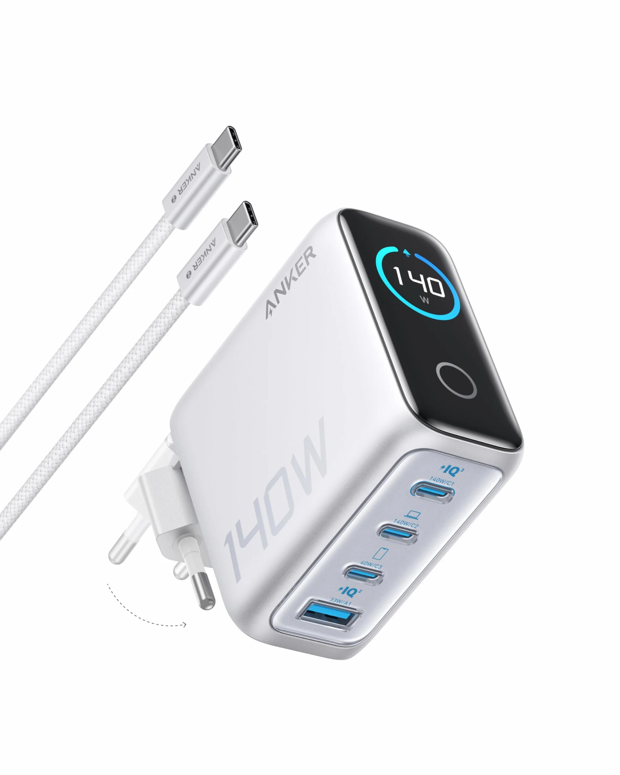Ładowarka Anker 140W USB C, ładowarka do laptopa, 4-portowa, sterowanie dotykowe, szybkie ładowanie, wiele urządzeń, do MacBooka, iPada, iPhone'a 16/15/14, Samsunga i innych (Srebro)