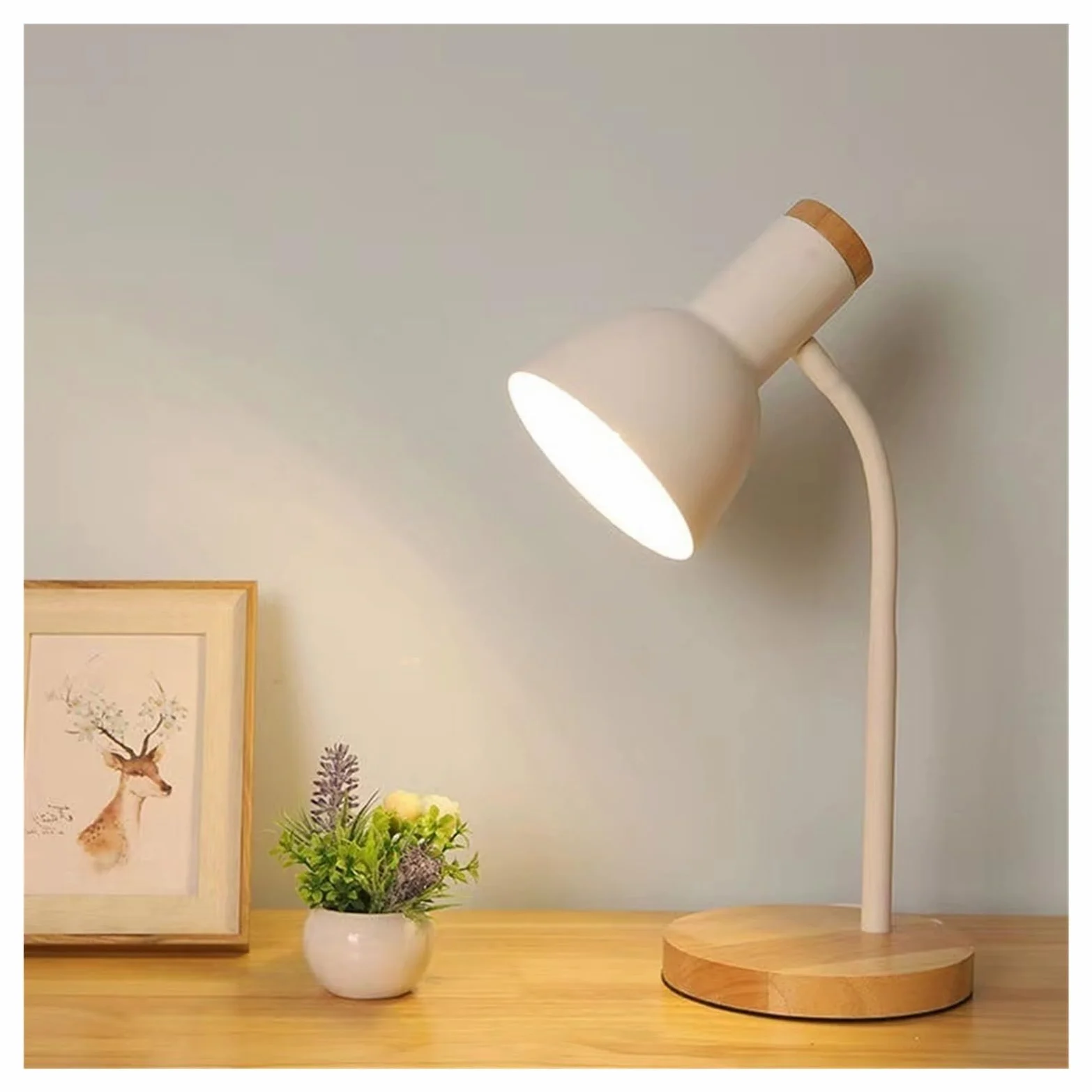 Lampa Biurkowa Regulowana Lampa Stołowa Z Podstawą Drewnianą, Wtyczką I Przełącznikiem Przyciskowym, Bez Żarówki Do Czytania