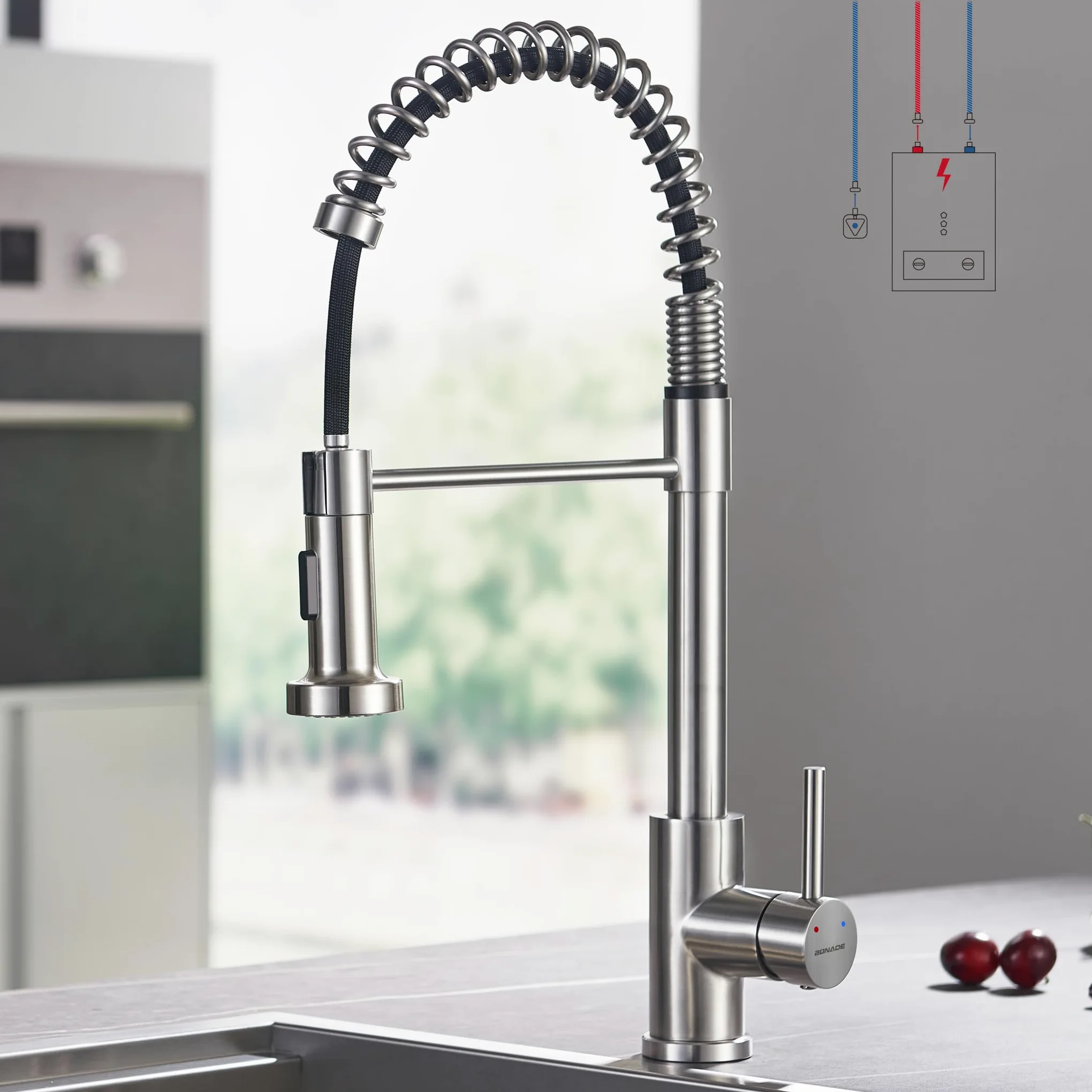BONADE Wysuwana armatura kuchenna niskociśnieniowa, armatura sprężynowa spiralna z prysznicem, obracana o 360°, kran do kuchni, armatura niskociśnieniowa z 3 przyłączami do bojlera, armatura