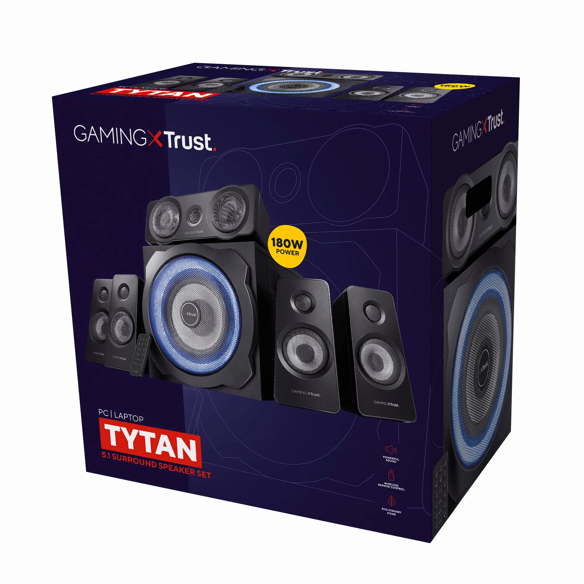 Trust Gaming GXT 658 Tytan Gamer 5.1 głośnik PC, z subwooferem do komputera (180 W), podświetlana dioda LED, bezprzewodowy pilot zdalnego sterowania, głośnik PC, laptop - czarny/niebieski