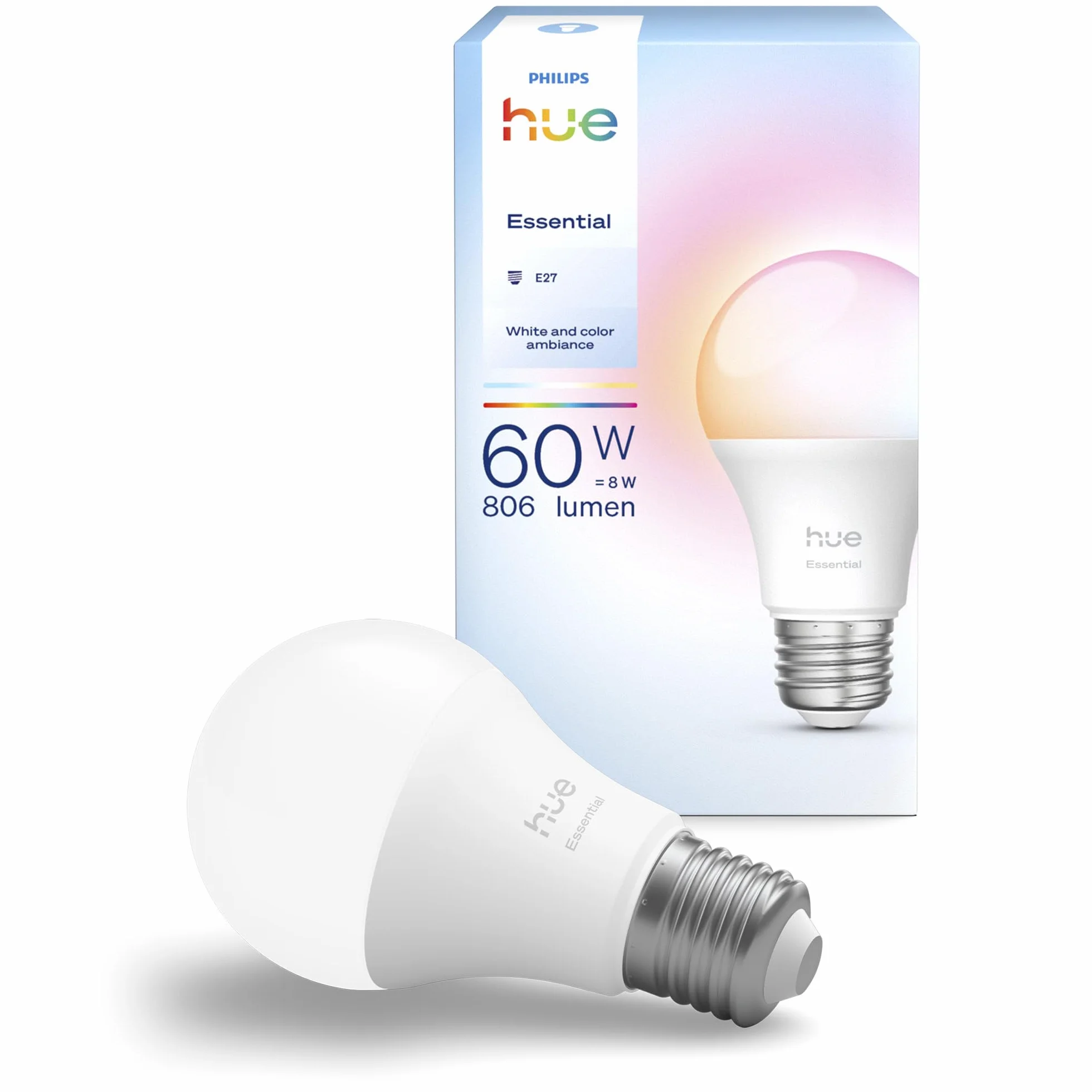 Inteligentna Żarówka Philips Hue LED Essential Smart A60, White & Colour Ambiance, E27, 8 W, 2200K–6500K, 806 lumenów, przyciemnianie, Żarówka LED działa z Alexą, Asystentem Google i Apple Home, 1 szt