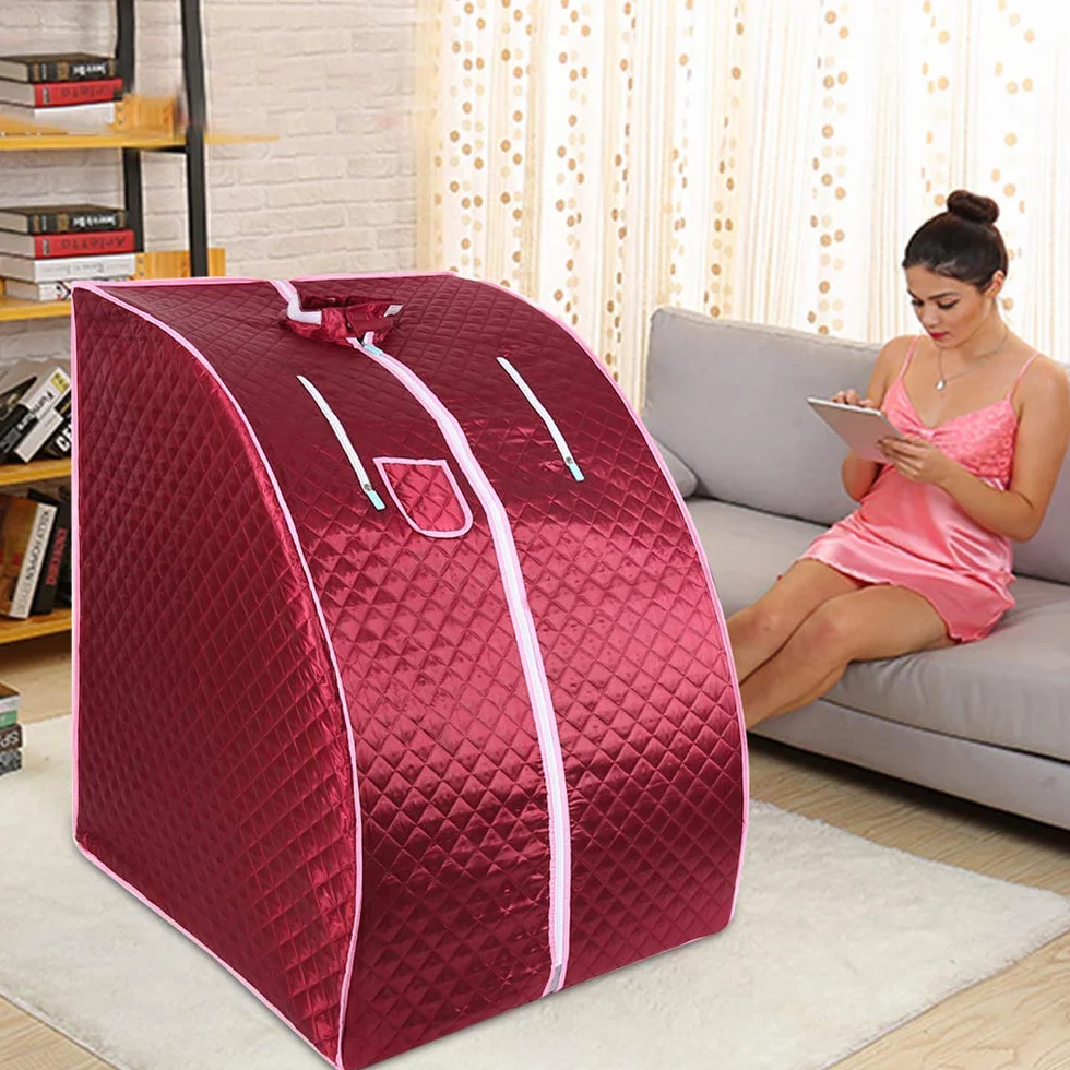 Sauna parowa do domu z namiotem i pilotem, generator pary SPA, 75x35x25 cm, czerwona
