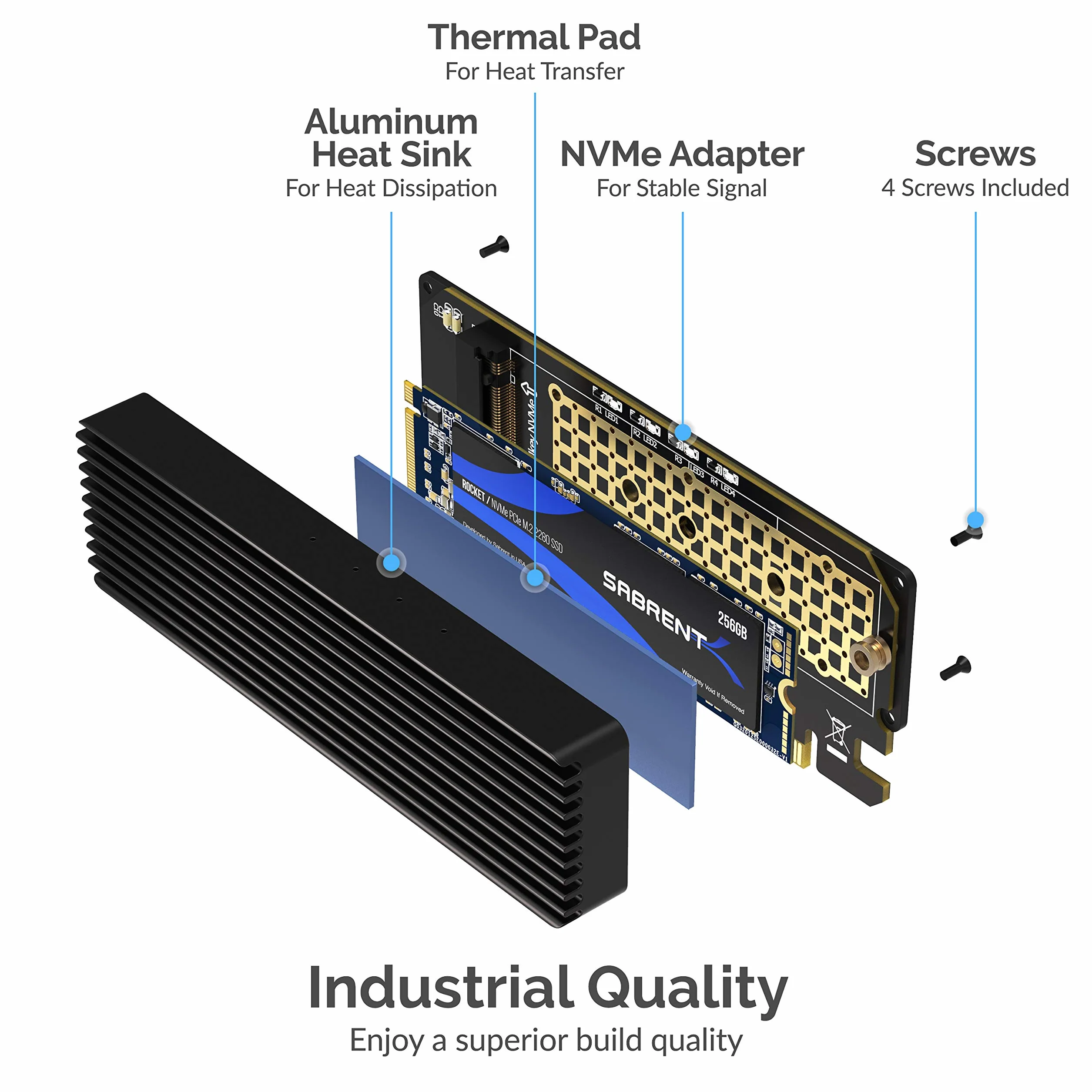 SABRENT Adapter M.2 SSD NVMe na PCIe z aluminiowym radiatorem i podkładką termiczną, do dysków SSD do 16 TB, konwerter M.2 NVMe na PCI-E 3.0 X4 X8 X16 (EC-PCIE)