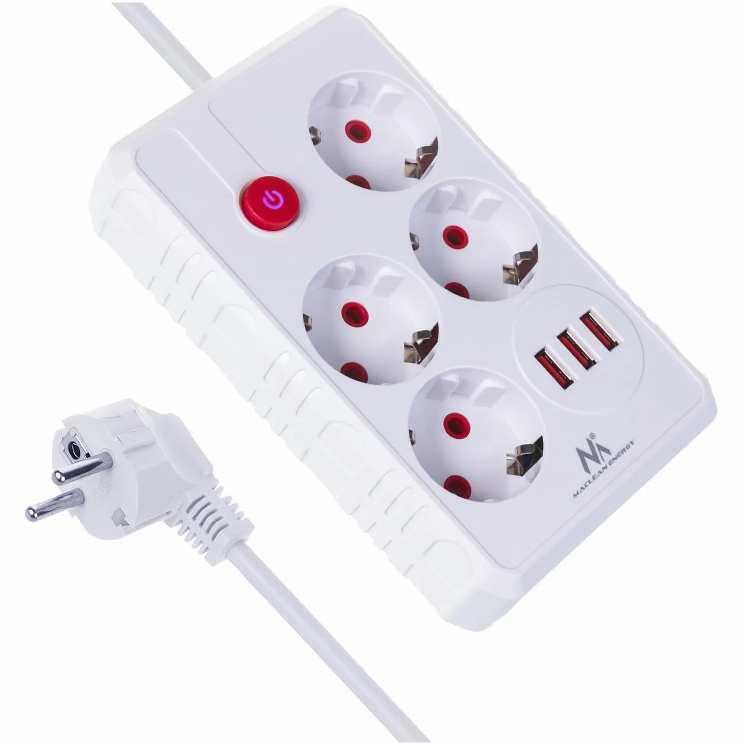 Listwa zasilająca Maclean MCE392/393 4 gniazda 3xUSB 2500W kabel 1,5 m gniazda wygięte pod kątem 45° podświetlany wyłącznik Biały