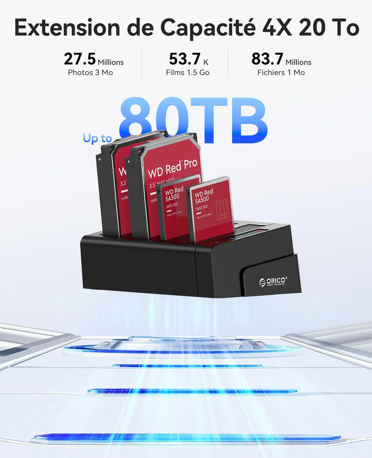 ORICO Stacja do dysków twardych USB 3.0 do SATA, offline klon, 4 gniazda, obudowa 2,5 i 3,5 cala SATA HDD/SSD, 4X 16 TB, zasilacz 12 V 6,5 A (6648US3-C)