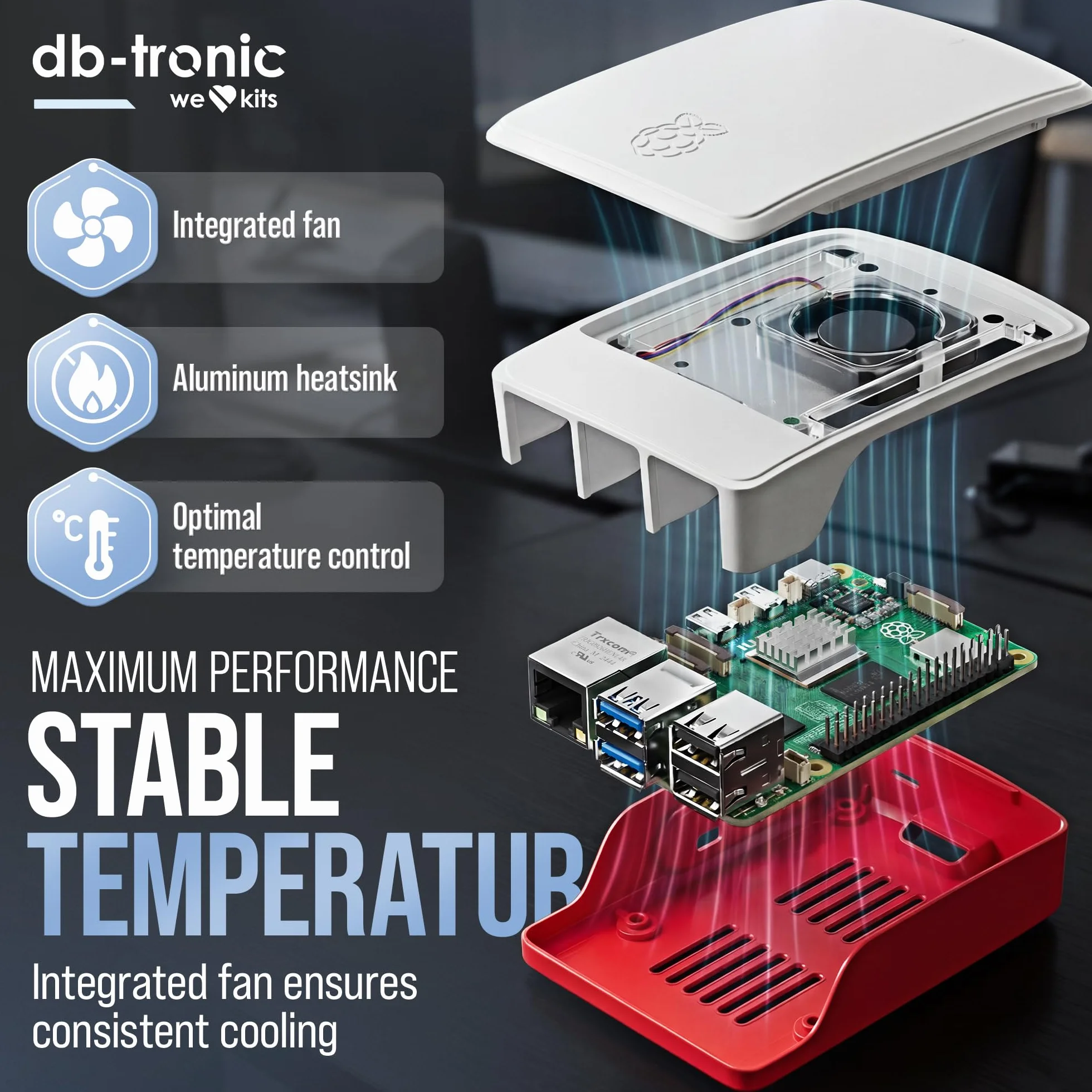db-tronic Raspberry Pi 5 2 GB Starter Kit | Edycja 64 GB | Zasilacz 27 W | Obudowa z wentylatorem | Micro HDMI 4K | Aluminiowy radiator | idealny do Home Assistant i smart home