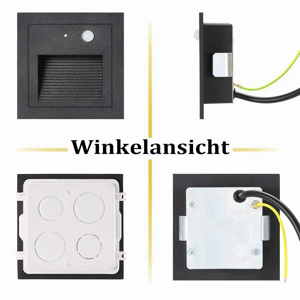 Oświetlenie schodów LED, 4 sztuki, do wbudowania w ścianę, aluminium, 3 W, 230 V, ciepła biel, oświetlenie schodów, oświetlenie zewnętrzne z czujnikiem ruchu, lampa ścienna, oświetlenie