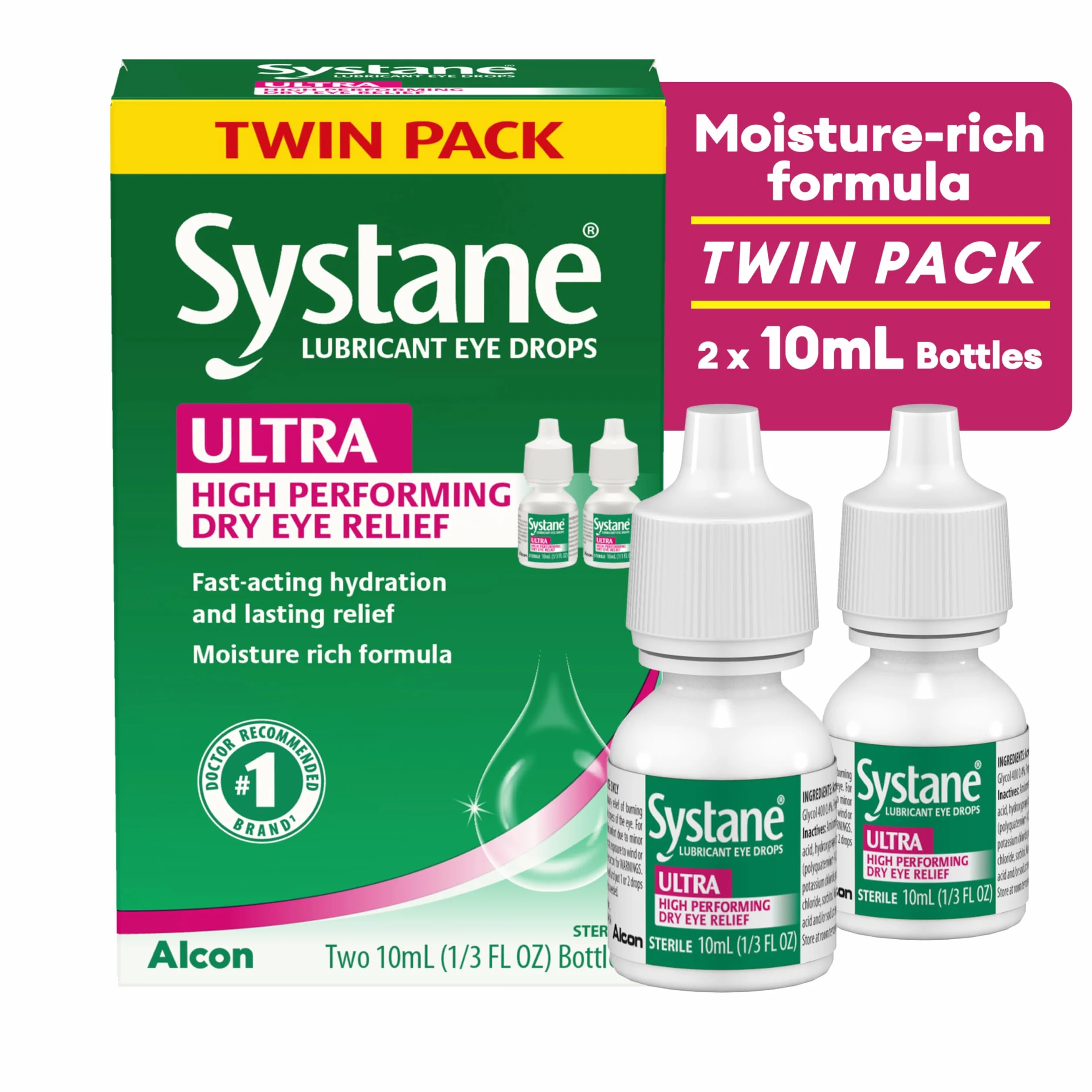 Systane Ultra Lubricant Eye Drops, Twin Pack, 10-mL Each,packaging may vary