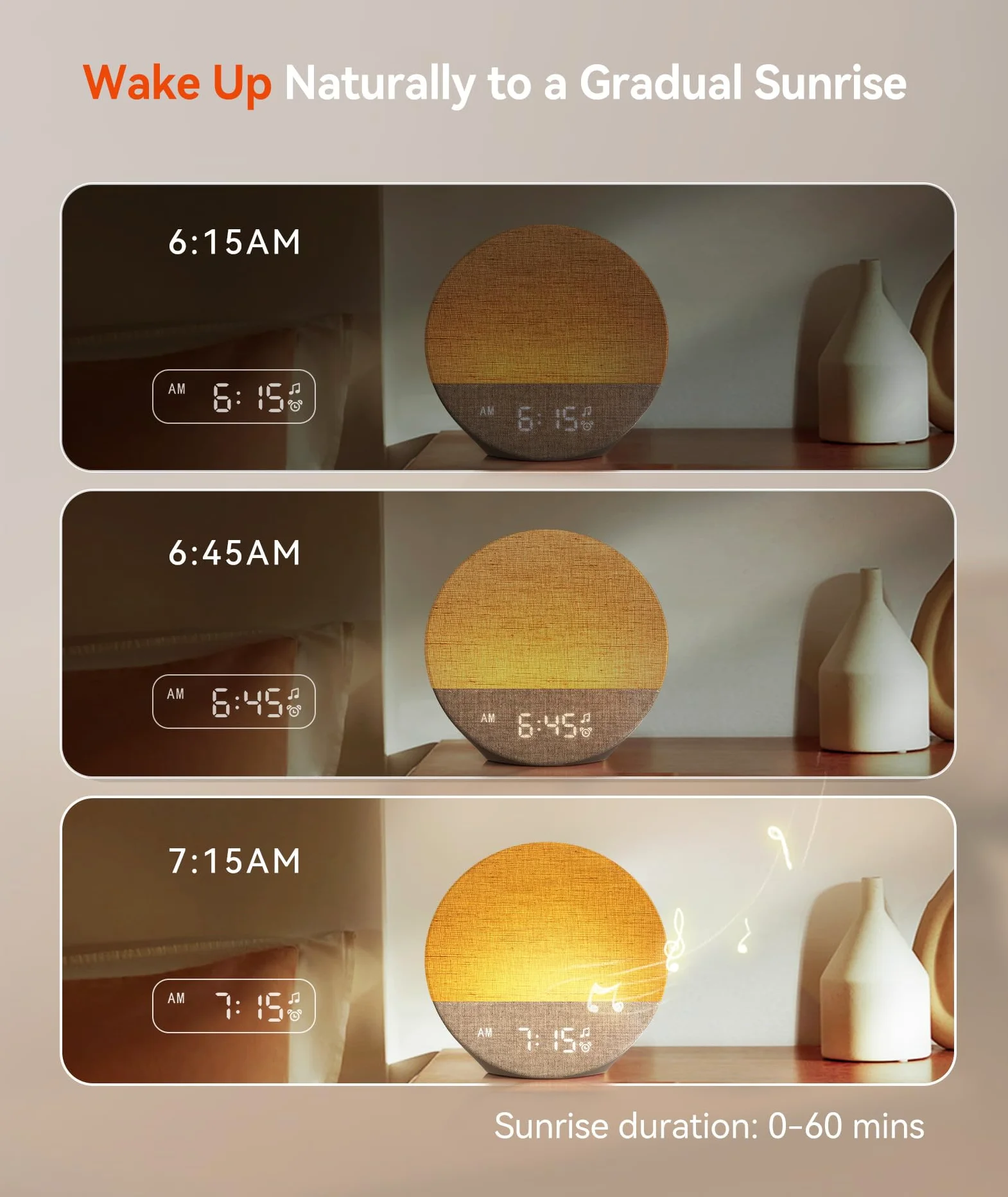 Dreamegg Budzik z symulacją wschodu słońca, budzik z białym szumem, z 29 uspokajającymi dźwiękami, możliwość ściemniania, 9 RGB lampka nocna, do sypialni, khaki
