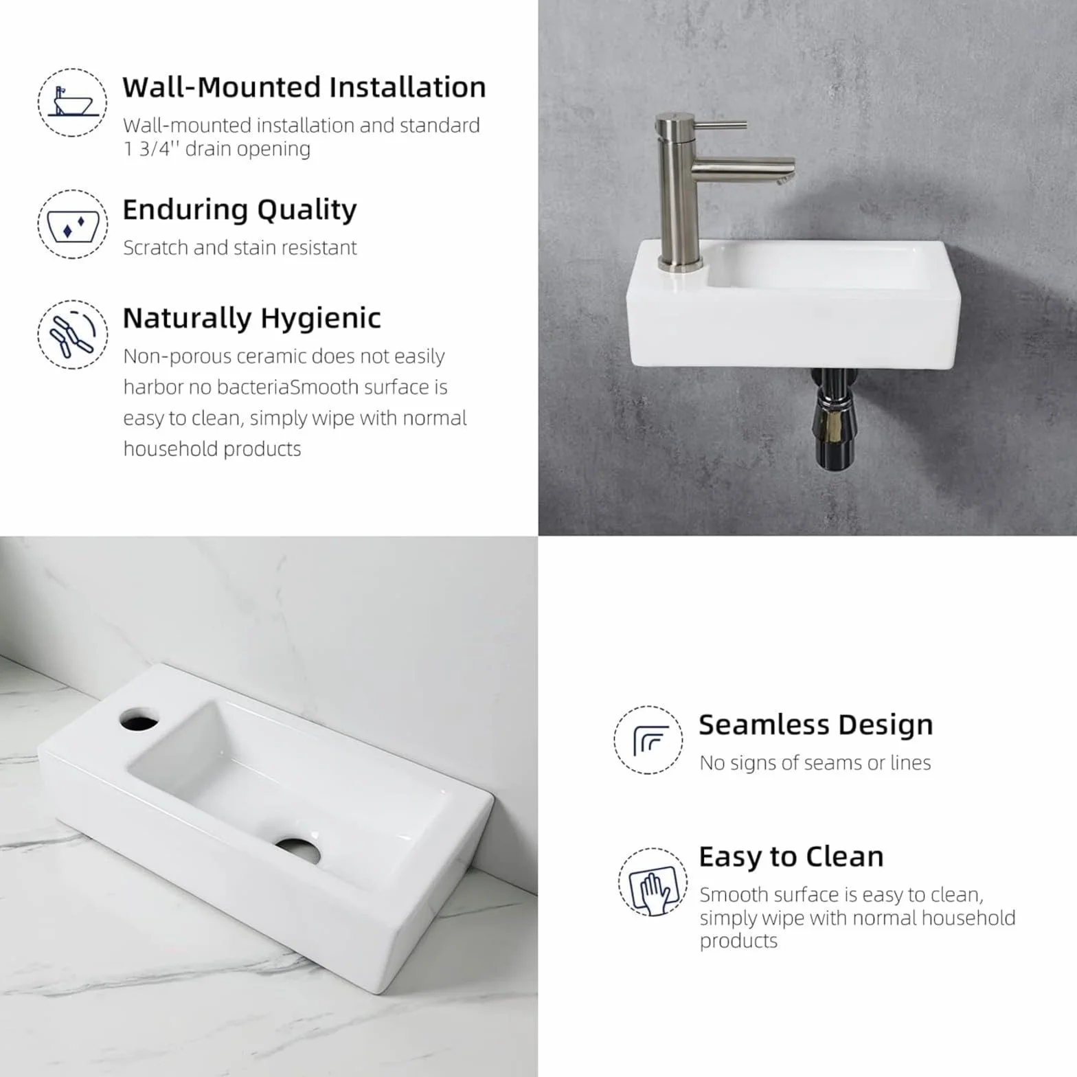 Ibergrif Prostokątna ceramiczna umywalka z 1 otworem na kran 376×188×93 mm biała