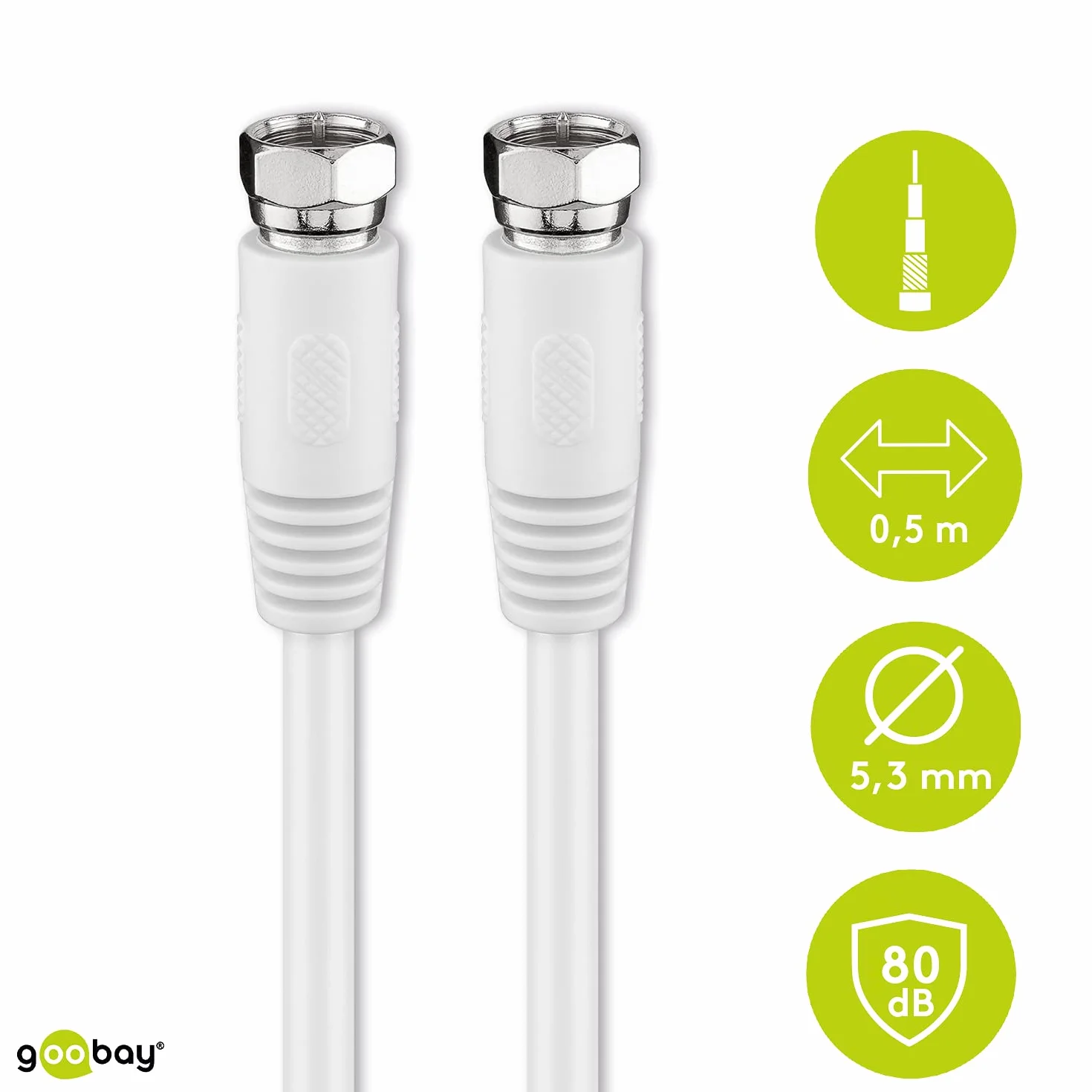 Goobay kabel antenowy koncentryczny SAT 0,5 m F na F podwójny ekranowany biały 80 dB
