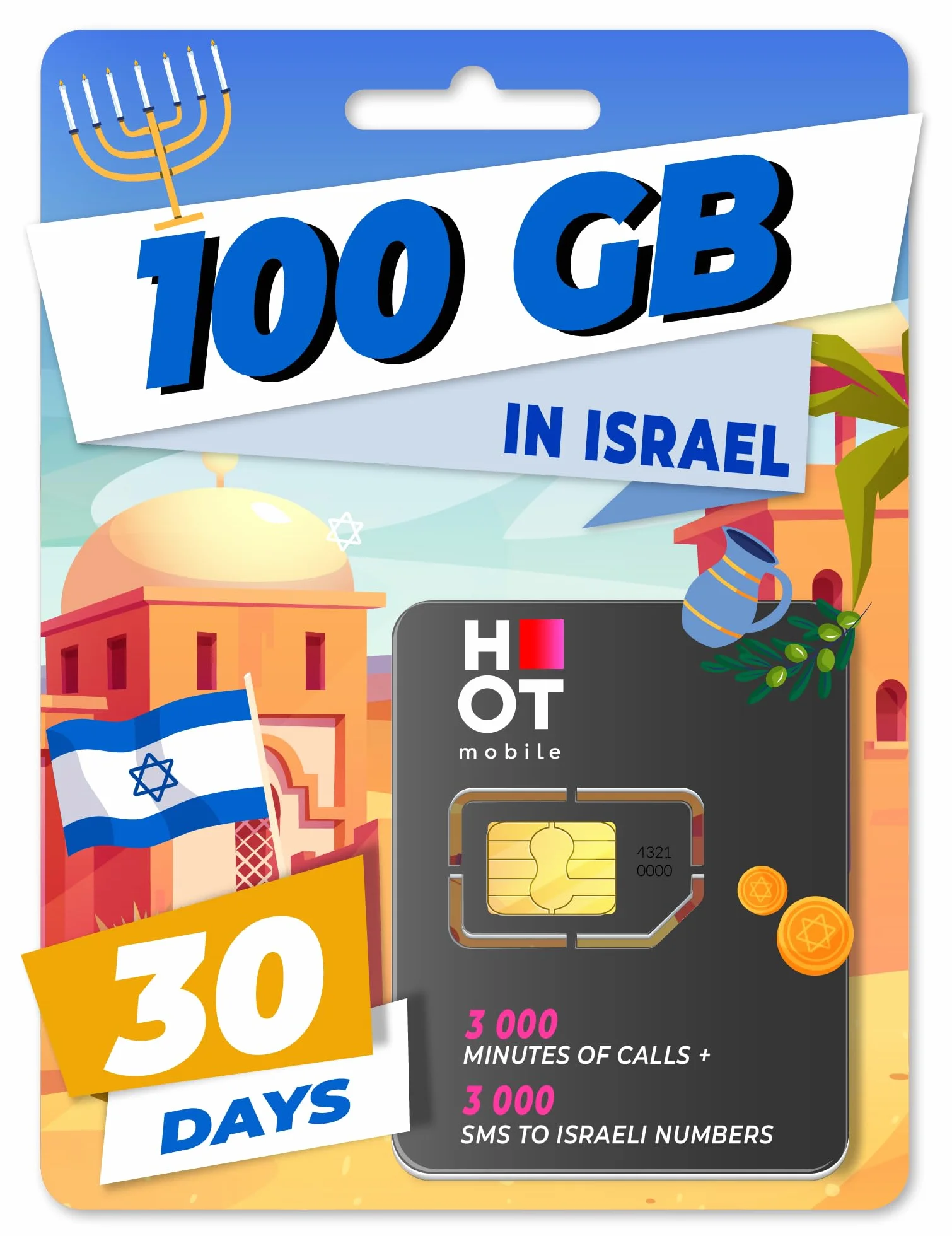 Prepaid-karta SIM 100 GB Izrael 3000 minut 3000 SMS 4G LTE