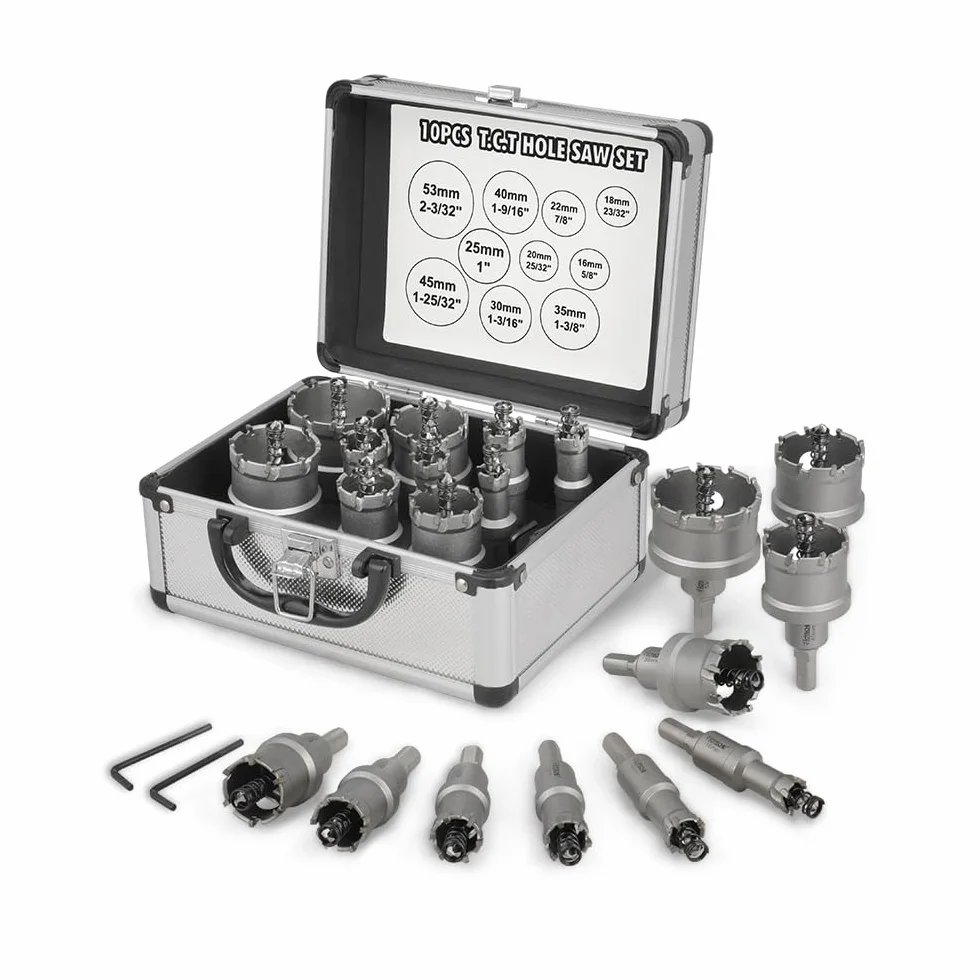 Hoteche 10 sztuk zestaw otwornic ze stopu 16 mm - 53 mm do metalu, stali, blachy, aluminium, płyt gipsowo-kartonowych, profesjonalnych wierteł z węglików spiekanych do płyt metalowych 3 mm z dwoma