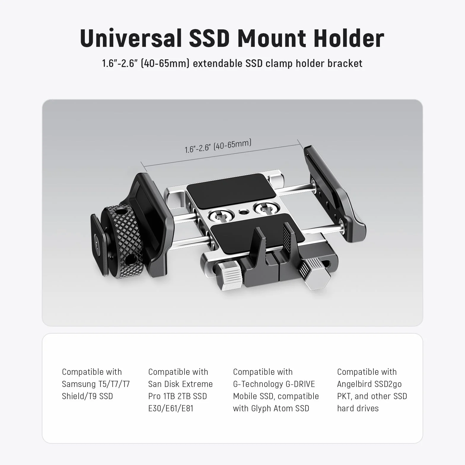 Neewer Uniwersalny uchwyt SSD, montażowy z zimną stopką, 4.1-6.6 cm do T5 T7 T9 SSD, kompatybilny z SmallRig BMPCC 4K 6K, 15 Pro/15 Pro Max