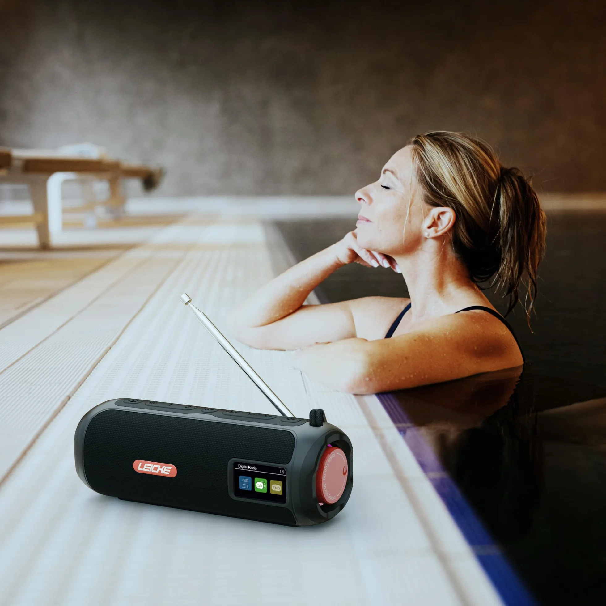 LEICKE DAB+ radio Tube – przenośny głośnik Bluetooth z DAB+/FM, akumulator 4500 mAh, oświetlenie RGB LED, dźwięk stereo 10 W, korektor, ładowanie USBC, złącze Micro SD/AUX, zasilanie sieciowe i