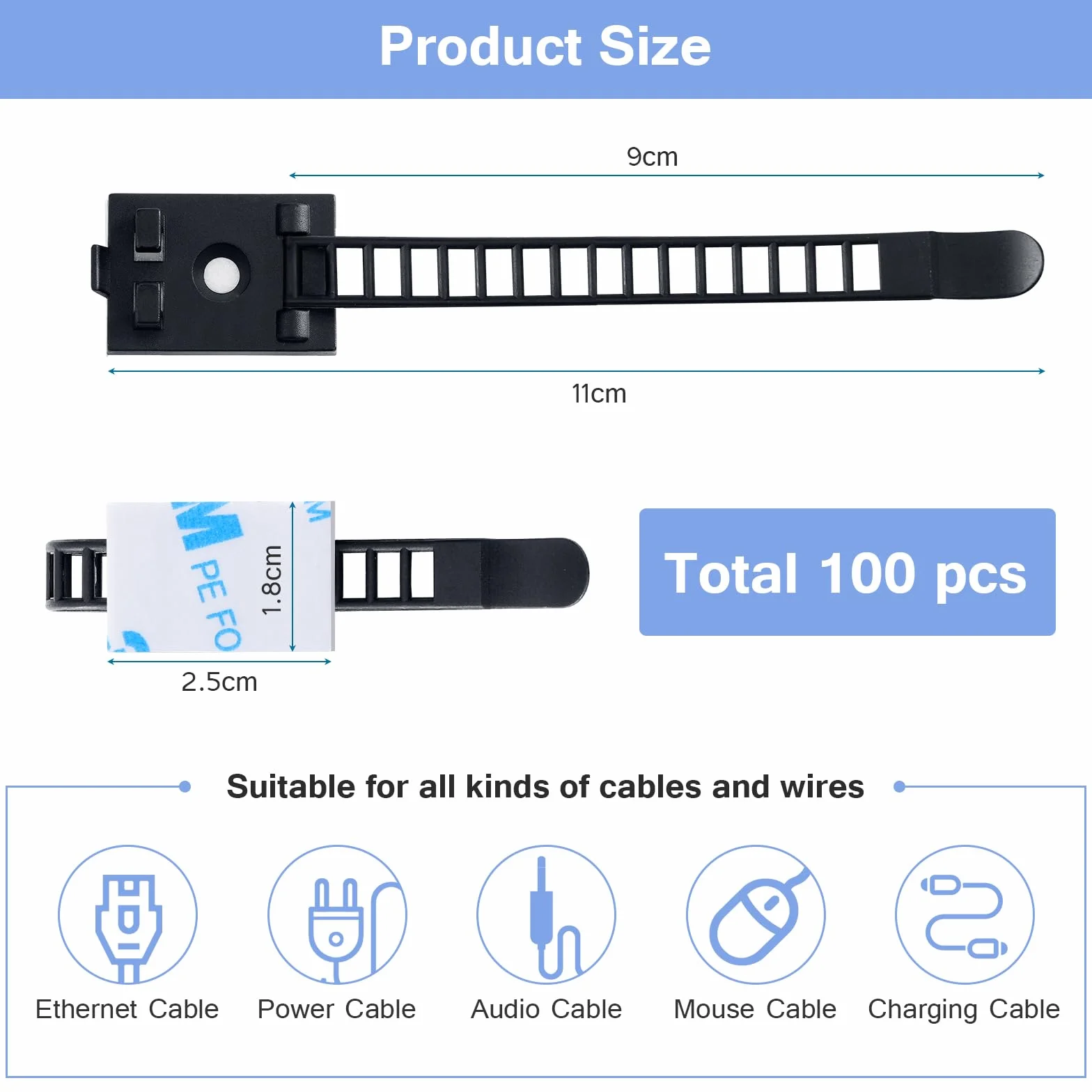 100 sztuk regulowanych zacisków kablowych, samoprzylepne, czarne, klipsy do kabli, uchwyt na kabel z podkładką samoprzylepną, do biurka, kabla sieciowego, kabla USB, ładowarki