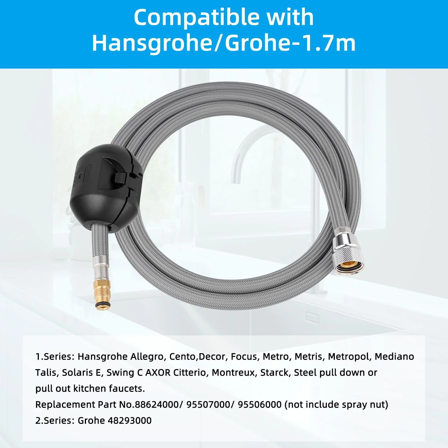 Hibbent Wymienny wąż do kranu wymiennego kompatybilny z bateriami kuchennymi Hansgrohe/Grohe z 6 adapterami, standardowy 88624000/46174000/46092000 wąż zamienny 59", w zestawie