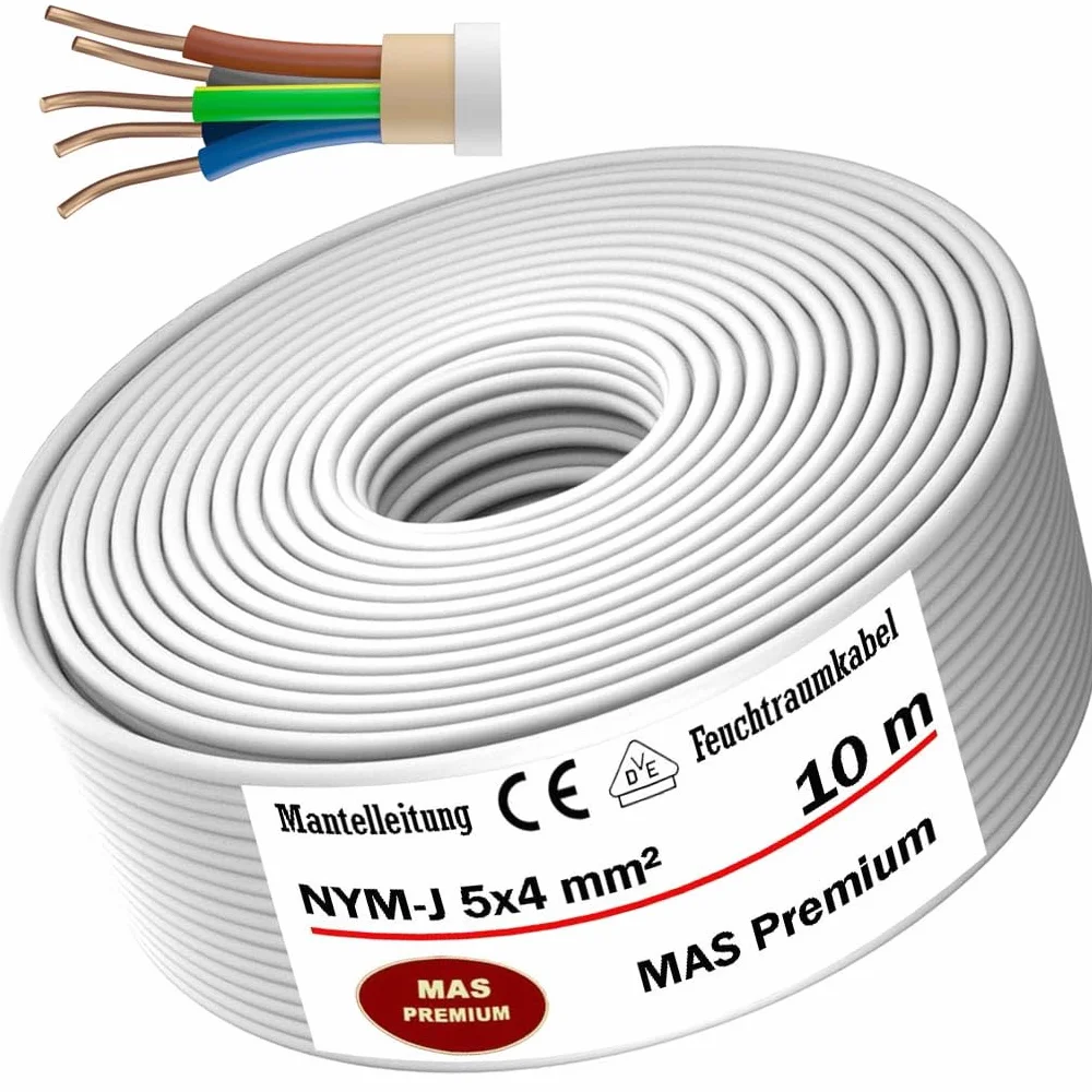 MAS Premium Kabel zasilający do wilgotnych pomieszczeń 5-200 m przewód płaszczowy NYM-J 3 x 1, 5 2,5 4 6 10 lub 5 x 1,5 2,5 4 6 10 16 kabel elektryczny do stałego montażu (NYM-J 5 x 4 mm², 10 m)