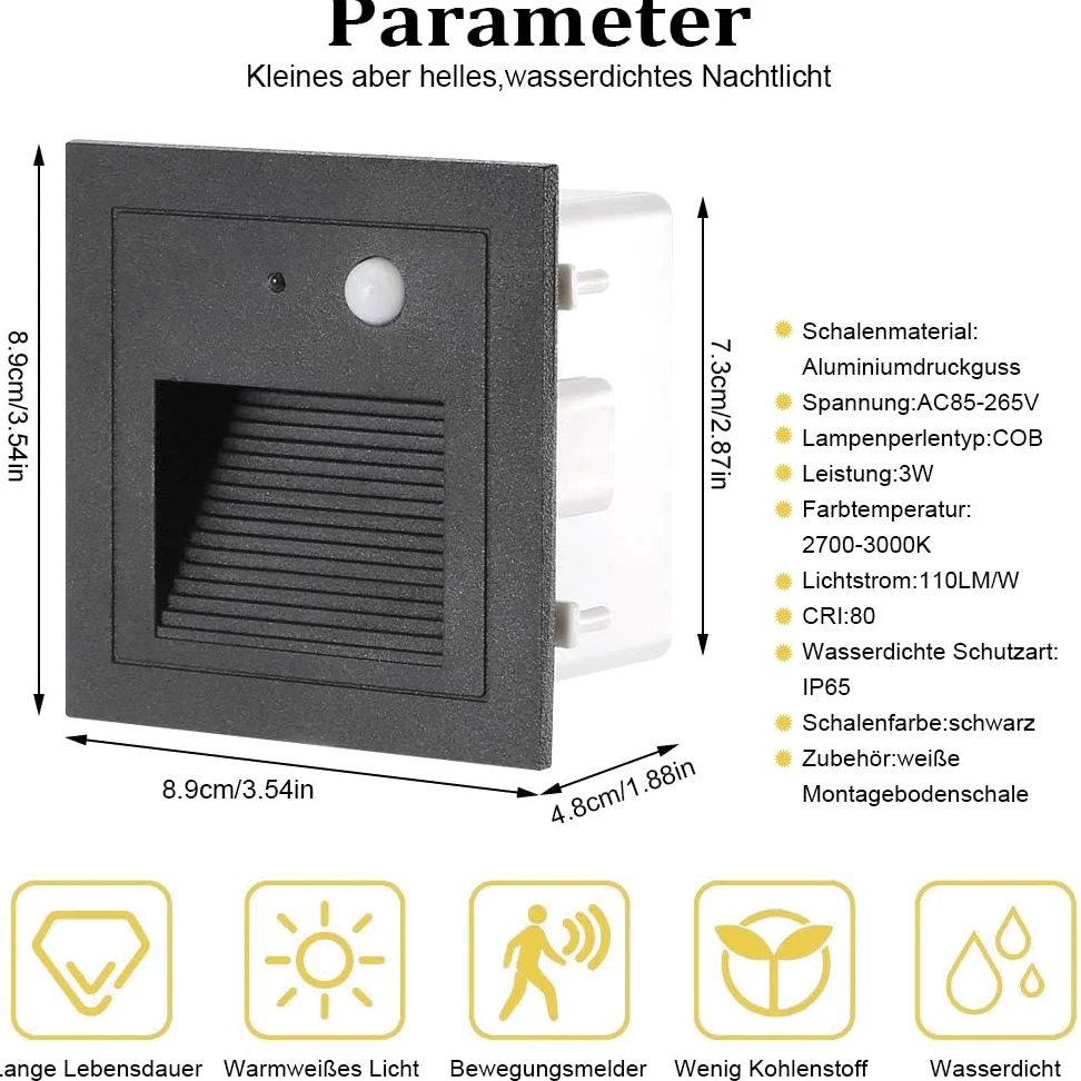 Oświetlenie schodów LED, 4 sztuki, do wbudowania w ścianę, aluminium, 3 W, 230 V, ciepła biel, oświetlenie schodów, oświetlenie zewnętrzne z czujnikiem ruchu, lampa ścienna, oświetlenie