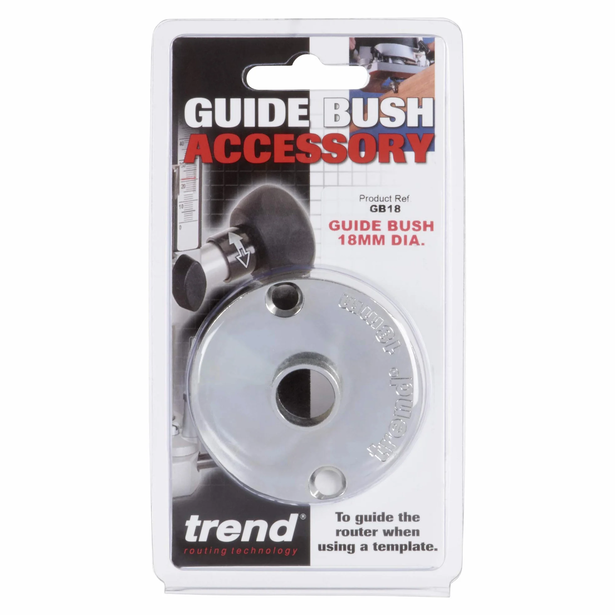 Trend Stalowa tuleja prowadząca, średnica 18 mm, prowadnice w stylu euro do trasowania szablonów, kompatybilny z routerem Trend GB18