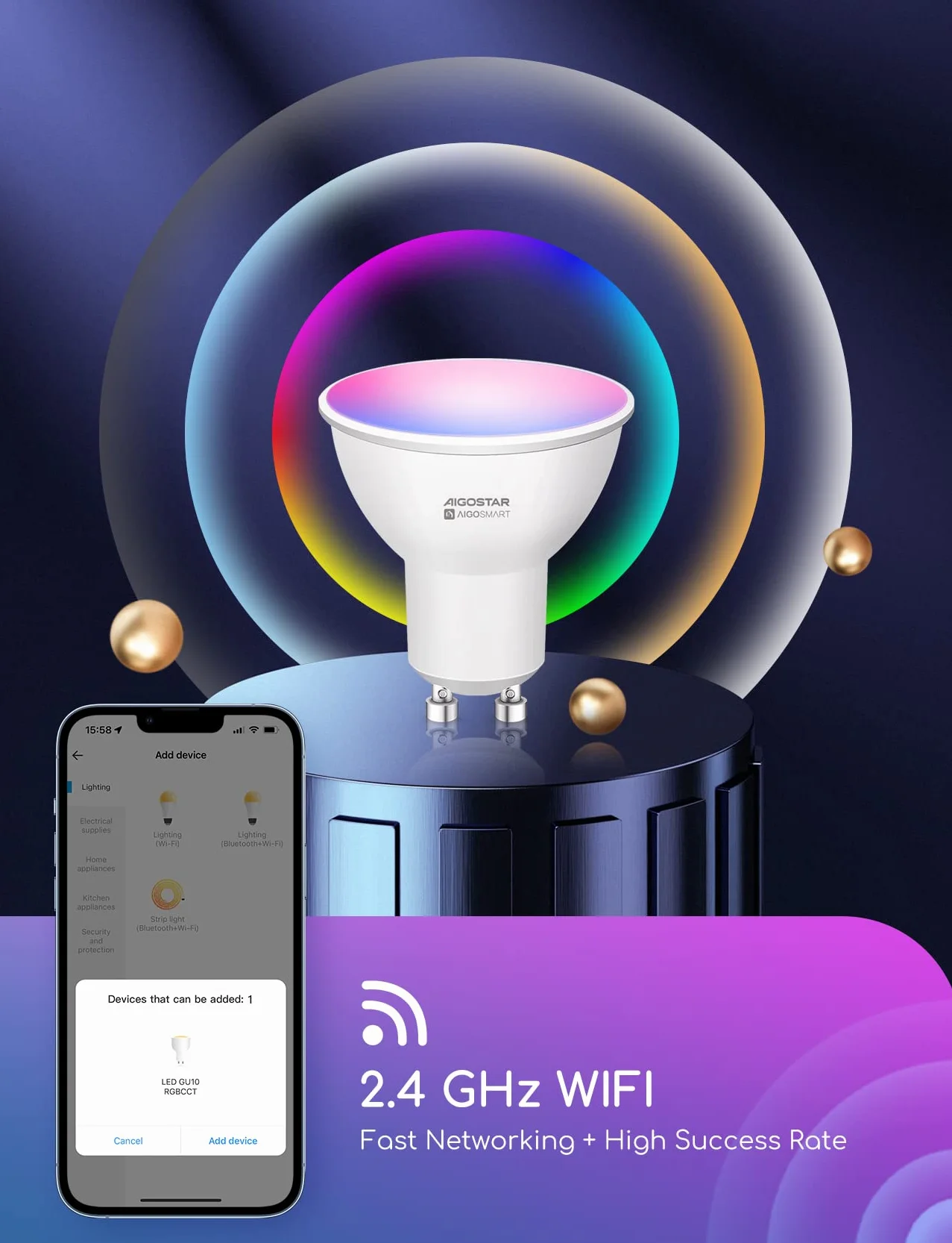 Żarówka LED Aigostar Wifi GU10 Smart Light Bulb 7W 555LM, Alexa Light Bulb RGB i 2700K-6500K, ściemnialna, połączona, WiFi, kompatybilna z Google Home/Alexa, 4 sztuk