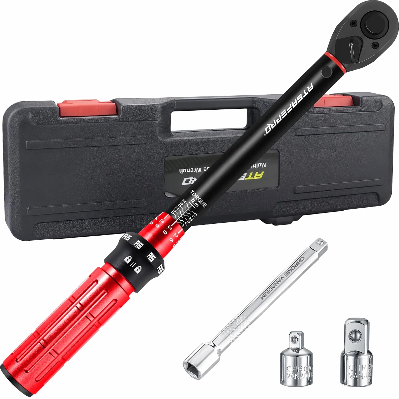 ATsafepro Klucz Dynamometryczny 3/8 Cala 5-60 Nm z Adapterami 3/8"-1/4" i 1/2", Przedłużka 6" – Dokładność ±3%, Obrotowa Grzechotka do Samochodów, Rowerów, Motocykli i DIY