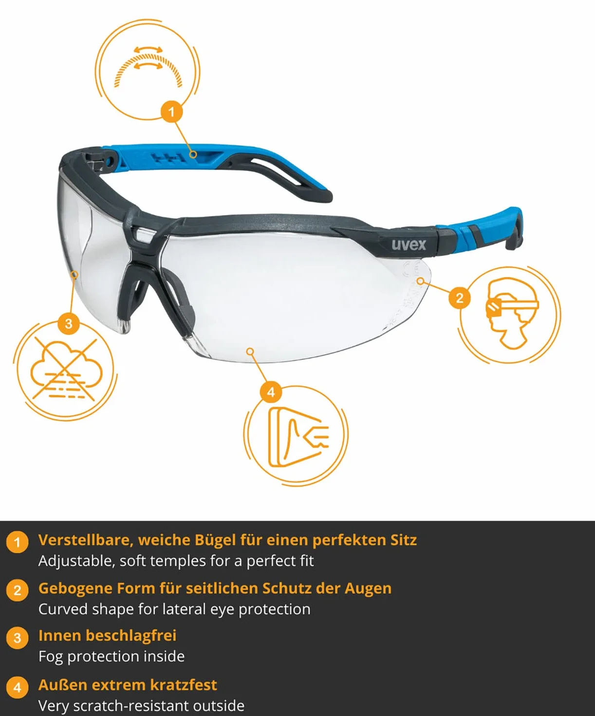 Uvex i-5 – okulary ochronne klasy premium – bardzo odporne na zarysowania, zaparowanie i regulowane