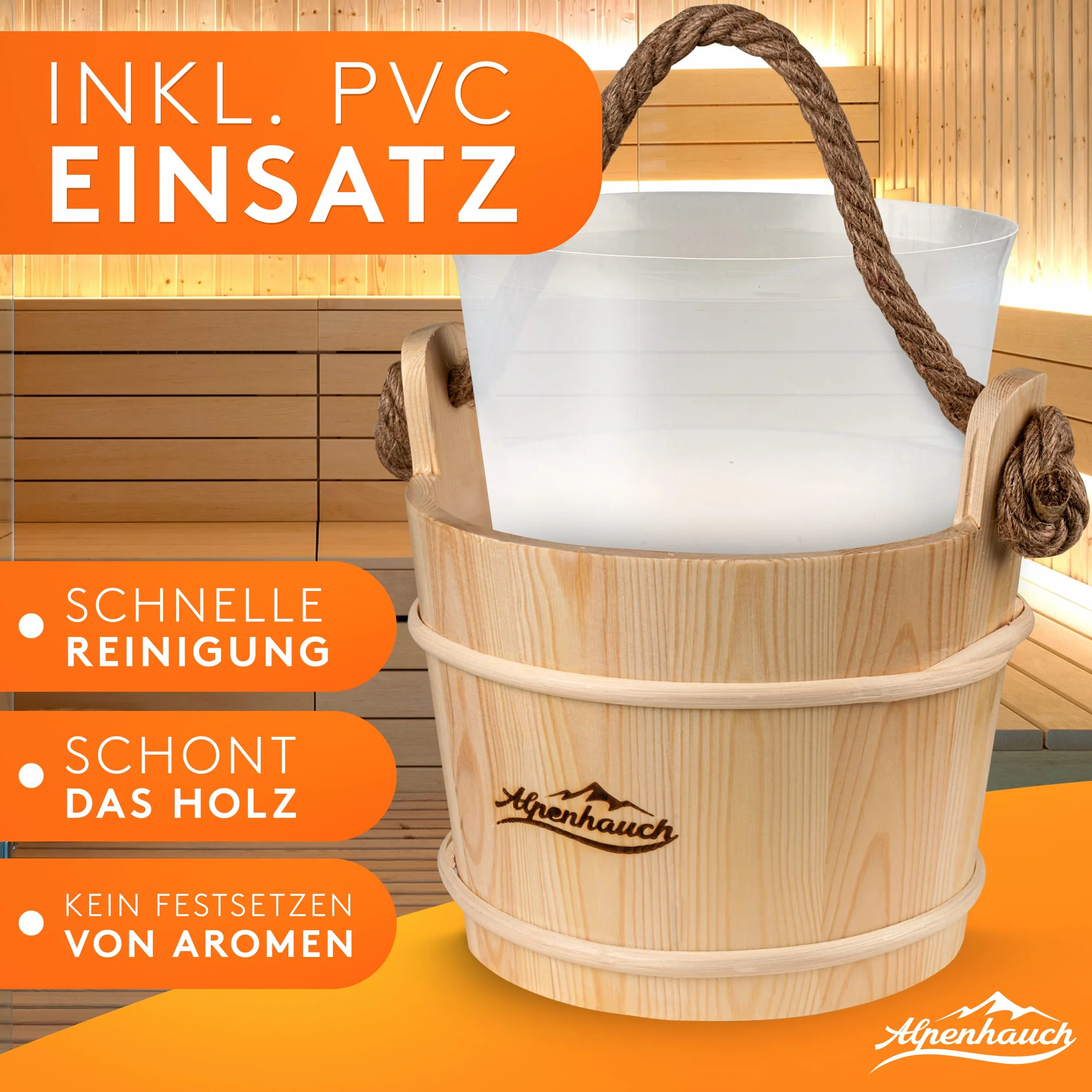ALPENHAUCH Wiadro do sauny z chochlą [100% naturalne drewno] – elegancki zestaw do sauny z klepsydrą i termometrem / higrometrem – trwałe akcesoria do sauny – zestaw wiadra do infuzji wraz z