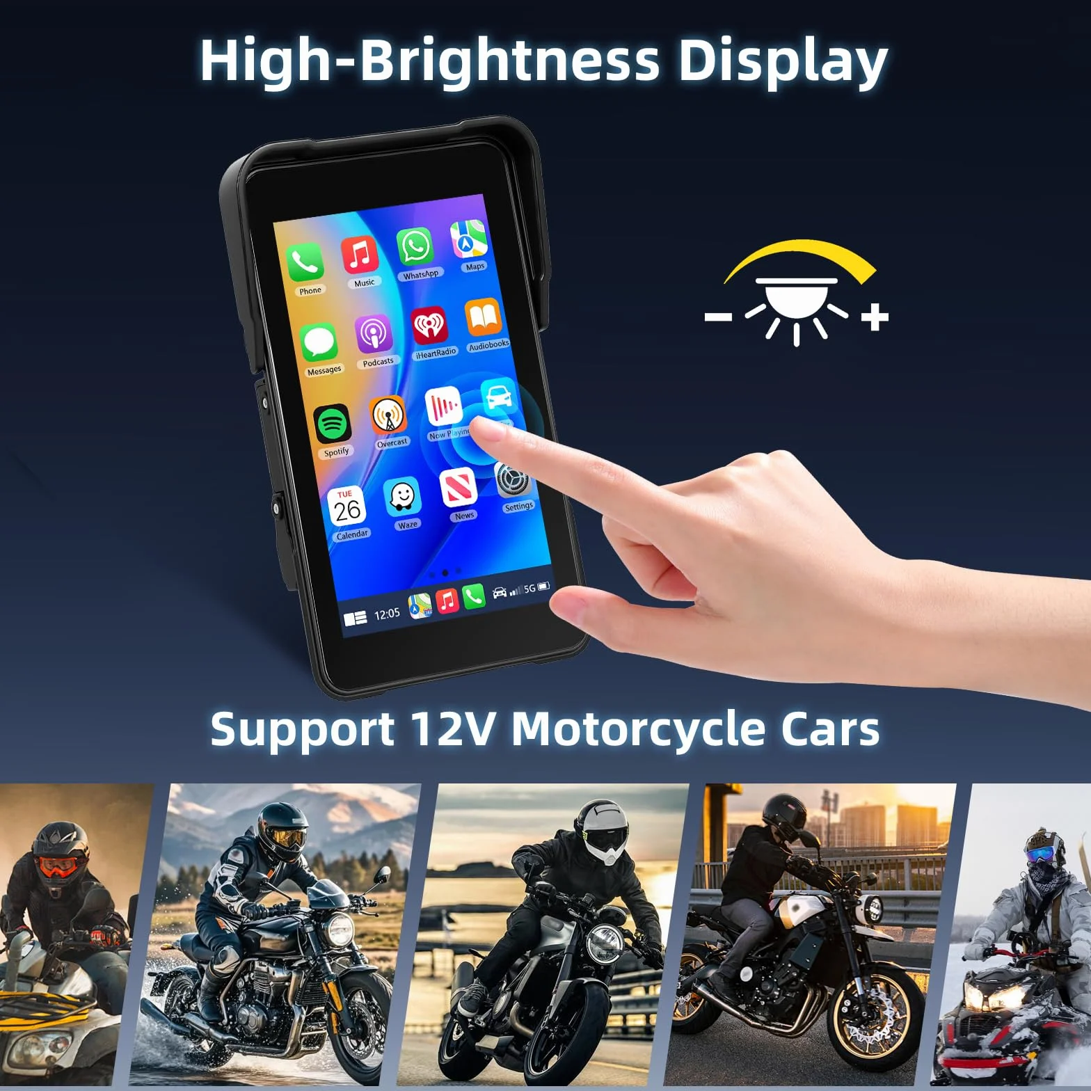 Motocyklowy ekran Carplay z nawigacją, przenośny ekran dotykowy 5" IP68, z bezprzewodowym systemem CarPlay i systemem Android, Bluetooth, EQ, kalibracją dotykowym