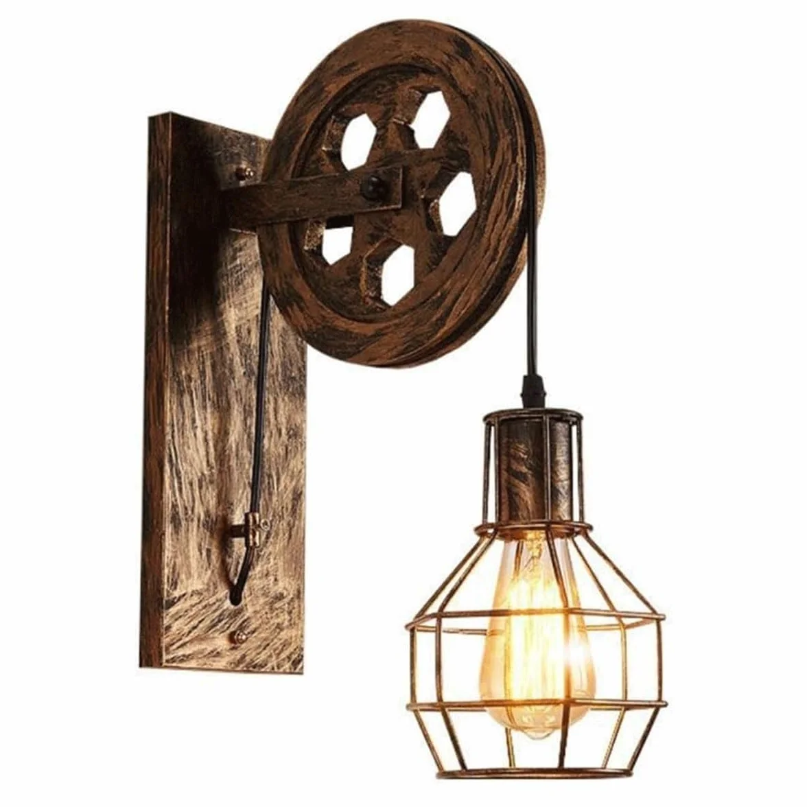 Vintage industrialna rustykalna lampa ścienna z kutego żelaza, styl koła pasowego, gniazdo E27, regulowane zawieszenie, brązowe wykończenie, idealna do wiejskiego domu, restauracji, A b
