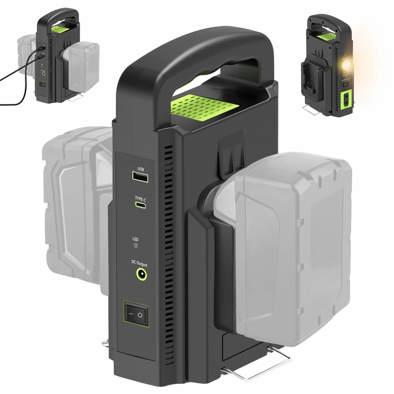 Falownik 150 W do gniazdka akumulatorowego Makita 18 V, dwuportowy falownik akumulatorowy, konwerter Step Down, obsługuje złącze 110 V AC/USB/Type-C/DC, lampa LED 800 lm, na kemping, w sytuacjach