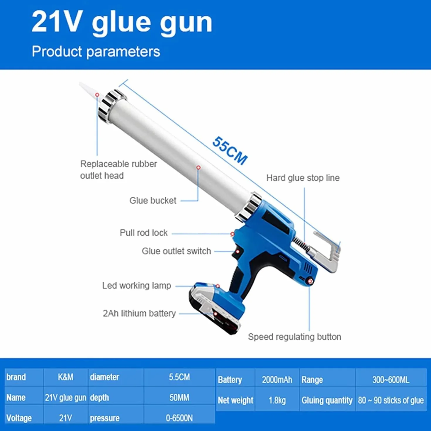 Elektryczny pistolet do uszczelniania, bez kapania, elektryczny zestaw do uszczelniania i kleju 20 V, z szybką ładowarką i akumulatorem litowym 2,5 Ah, pistolet nabojowy z dyszami 2 akumulatory,2battery