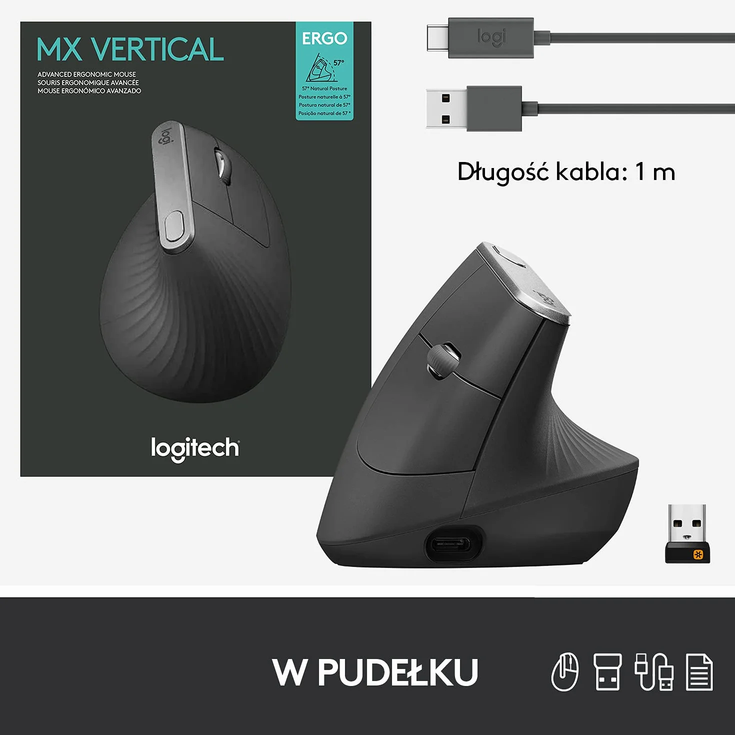 Logitech MX Vertical Ergonomiczna mysz dla wielu urządzeń, bezprzewodowa Bluetooth lub 2,4 GHz z USB Unifying, optyczne śledzenie 4K DPI, 4 przyciski, szybkie ładowanie, PC/Mac/iPad - Czarny