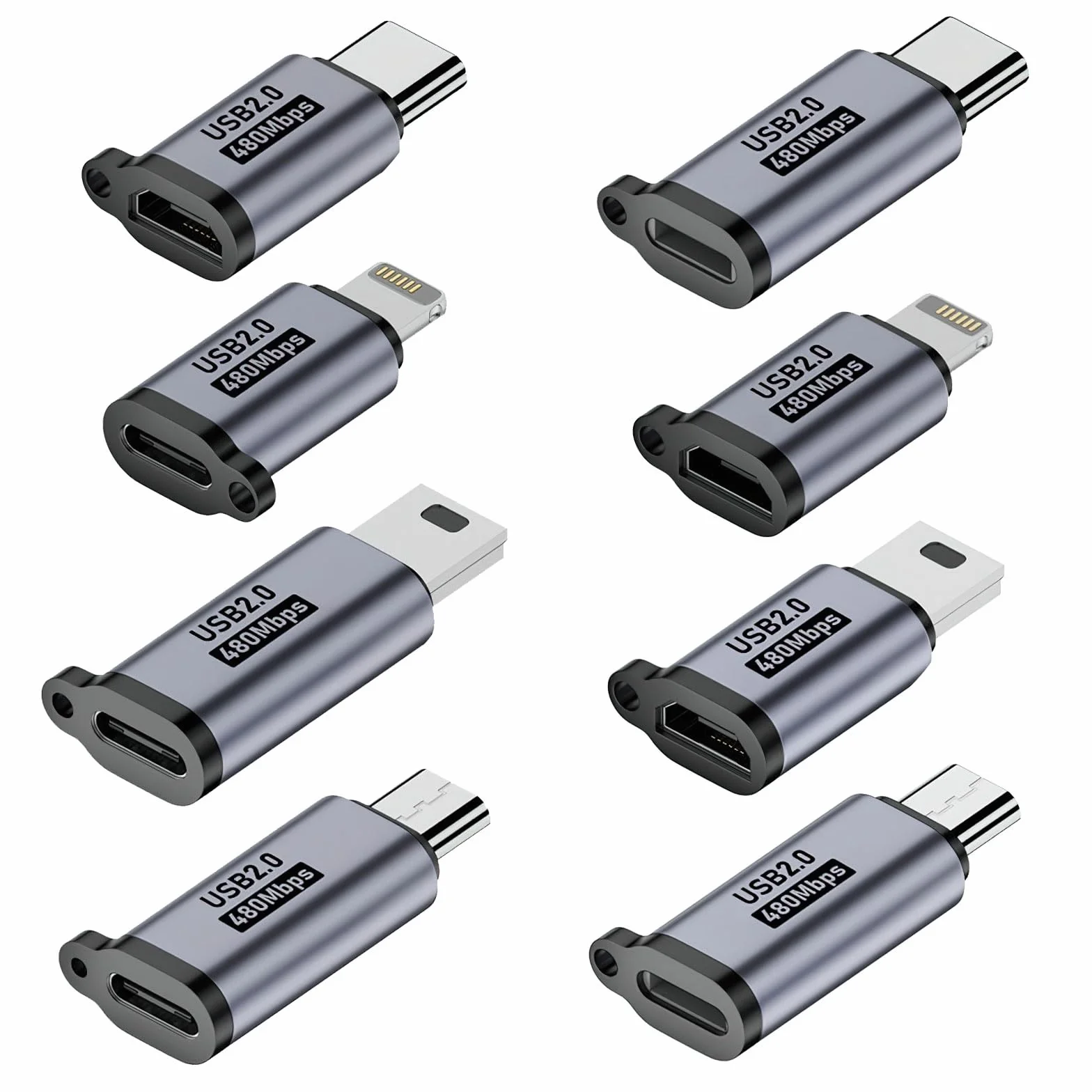 HENGBIRD 8 sztuk adapterów Lightning na USB C, USB C, micro USB, mini USB żeński na męski USB 2.0