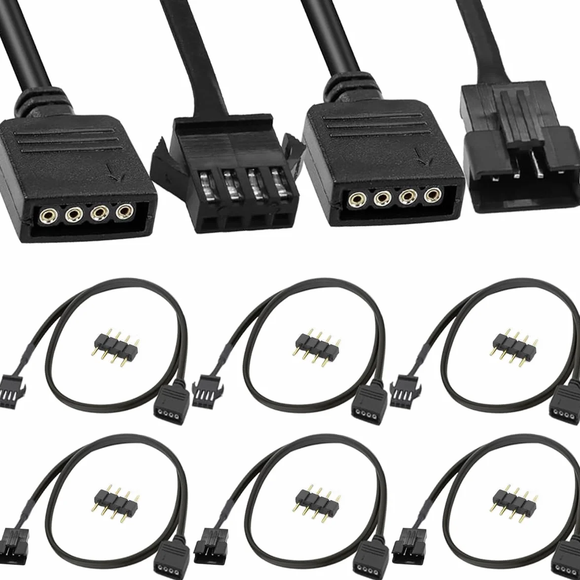 Xiatiaosann Kabel przedłużający RGB 4-pinowy 12 V męski/żeński 4-pinowy kabel przedłużający RGB do taśm LED, wentylatorów komputerowych, płyt głównych (3 żyły męskie, 3 żyły żeńskie), 6 sztuk,