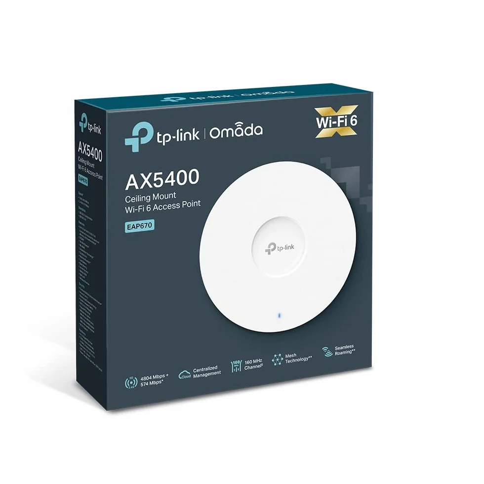TP-Link EAP670, Punkt dostępowy WiFi 6 AX5400, MU-MIMO + OFDMA, Port 2.5G, Montaż sufitowy, Obsługa PoE+, Omada SDN, Roaming bez zakłóceń, Sieć Mesh, Zarządzanie chmurowe