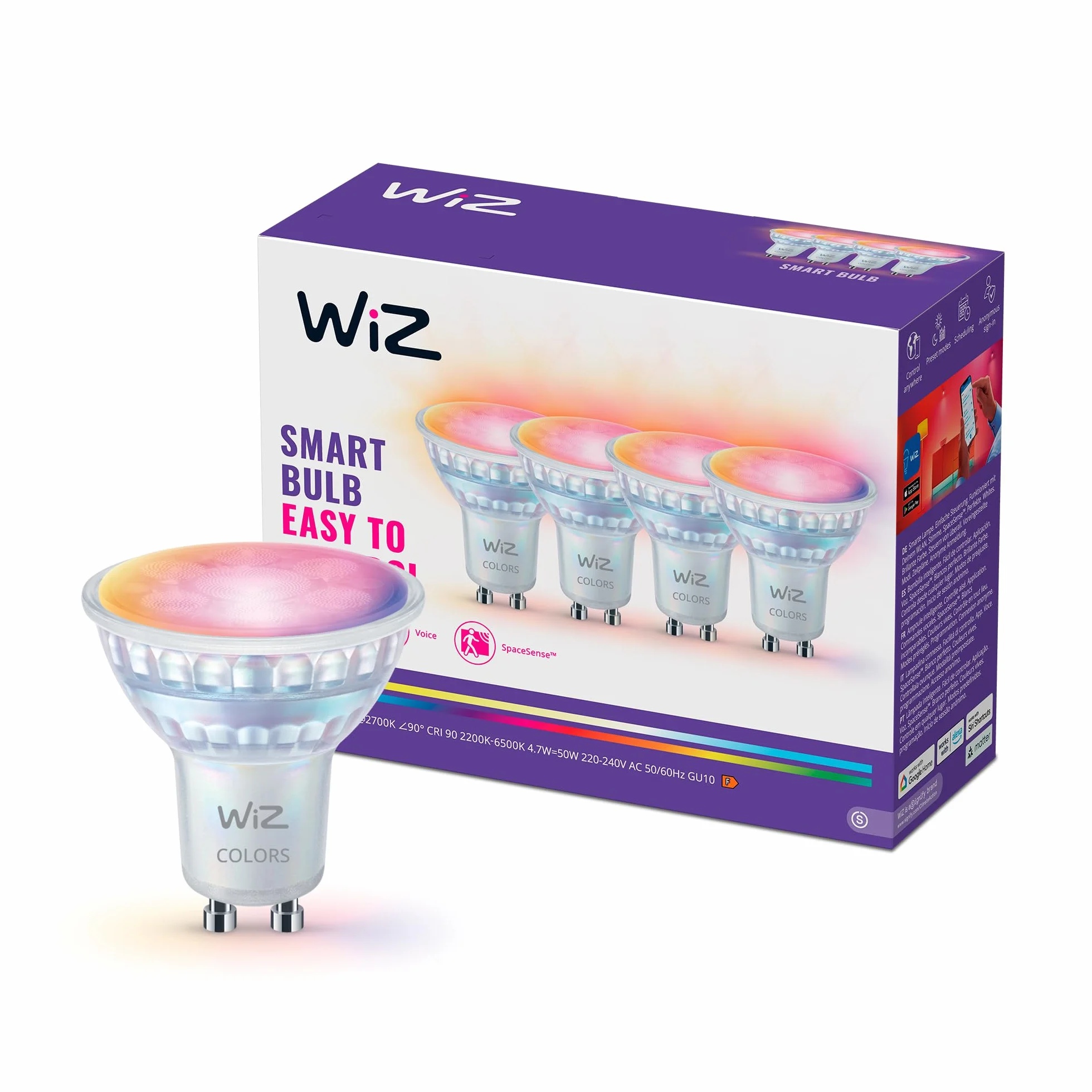 Szklany reflektor punkt WiZ Smart LED GU10, kolor i regul odcień białego światła, odpowiednik 50 W, 2200K–6500K, 345 lumenów, przyciemn, działa z Alexą, Google Assistant i Apple Home, op. 4 szt.