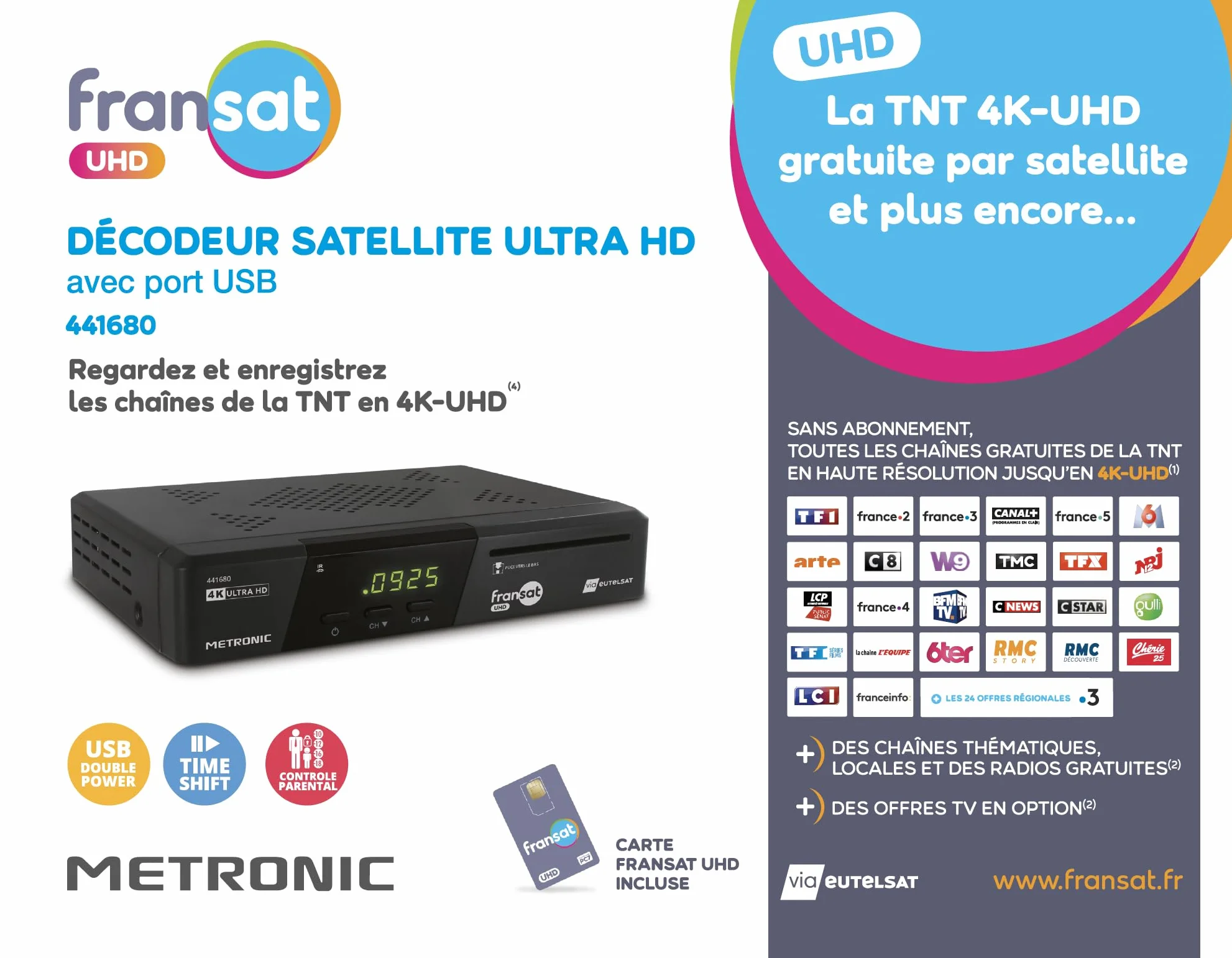 METRONIC Dekoder telewizji satelitarnej 441680 Fransat 4K UHD HDR10, darmowy odbiór telewizji NT, dźwięk Dolby Atmos, port USB z podwójną mocą, karta Fransat w zestawie, pauza i odtwarzanie telewizji