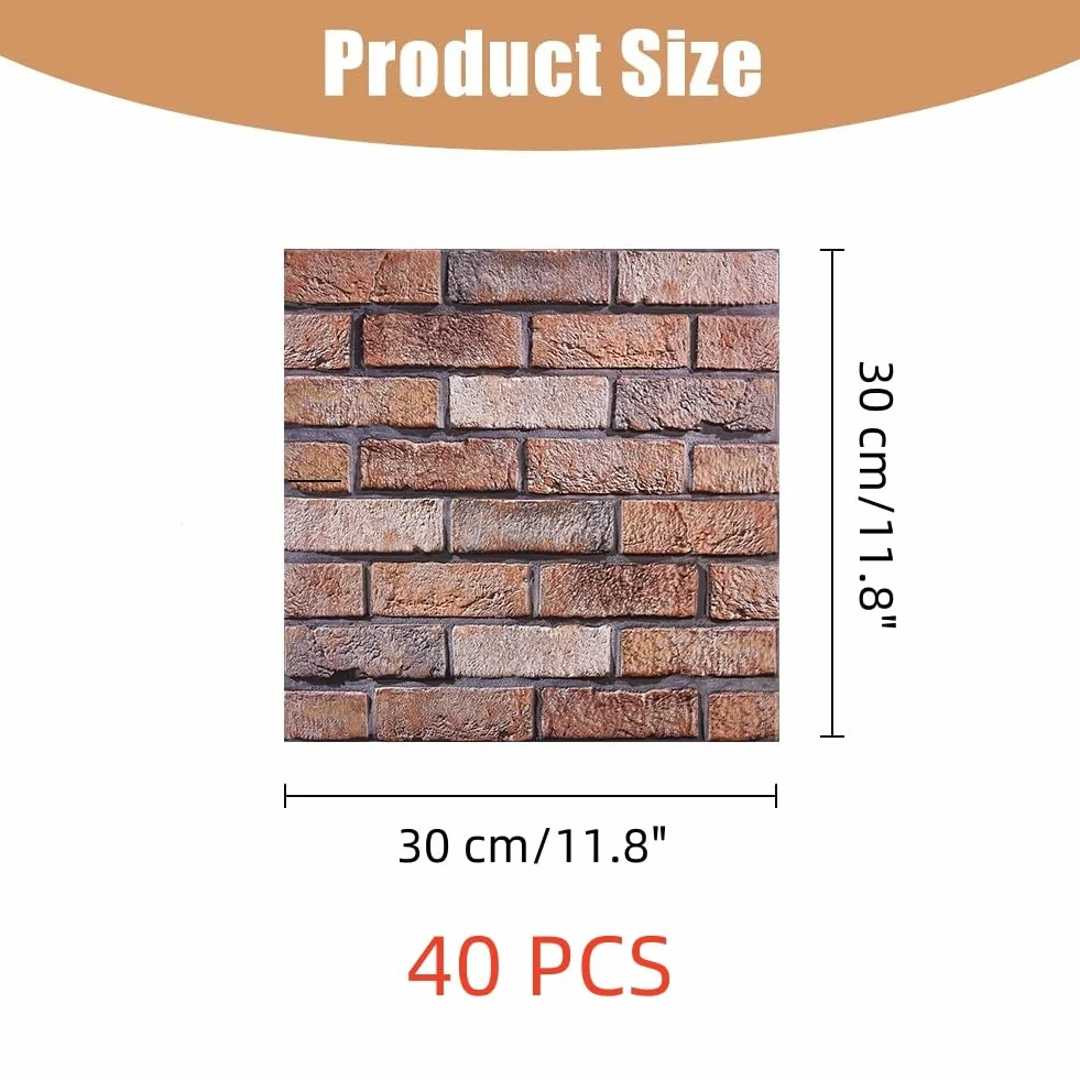 40 sztuk samoprzylepnych paneli ściennych 3D, 30 × 30 cm, panele ścienne z tworzywa sztucznego, panele ścienne PCW, tapeta z cegły do wnętrz, na zewnątrz, do pomieszczeń biurowych