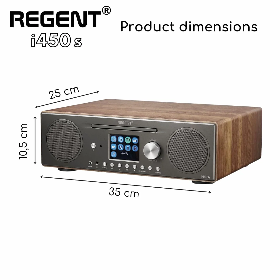 Głośnik REGENT i450s Spotify Connect DAB+ Radio internetowe Odtwarzacz CD Digital Home Stereo Hi-Fi Bluetooth FM 20, podwójny alarm i pilot Wejście AUX i USB (Ciemny Orzech)