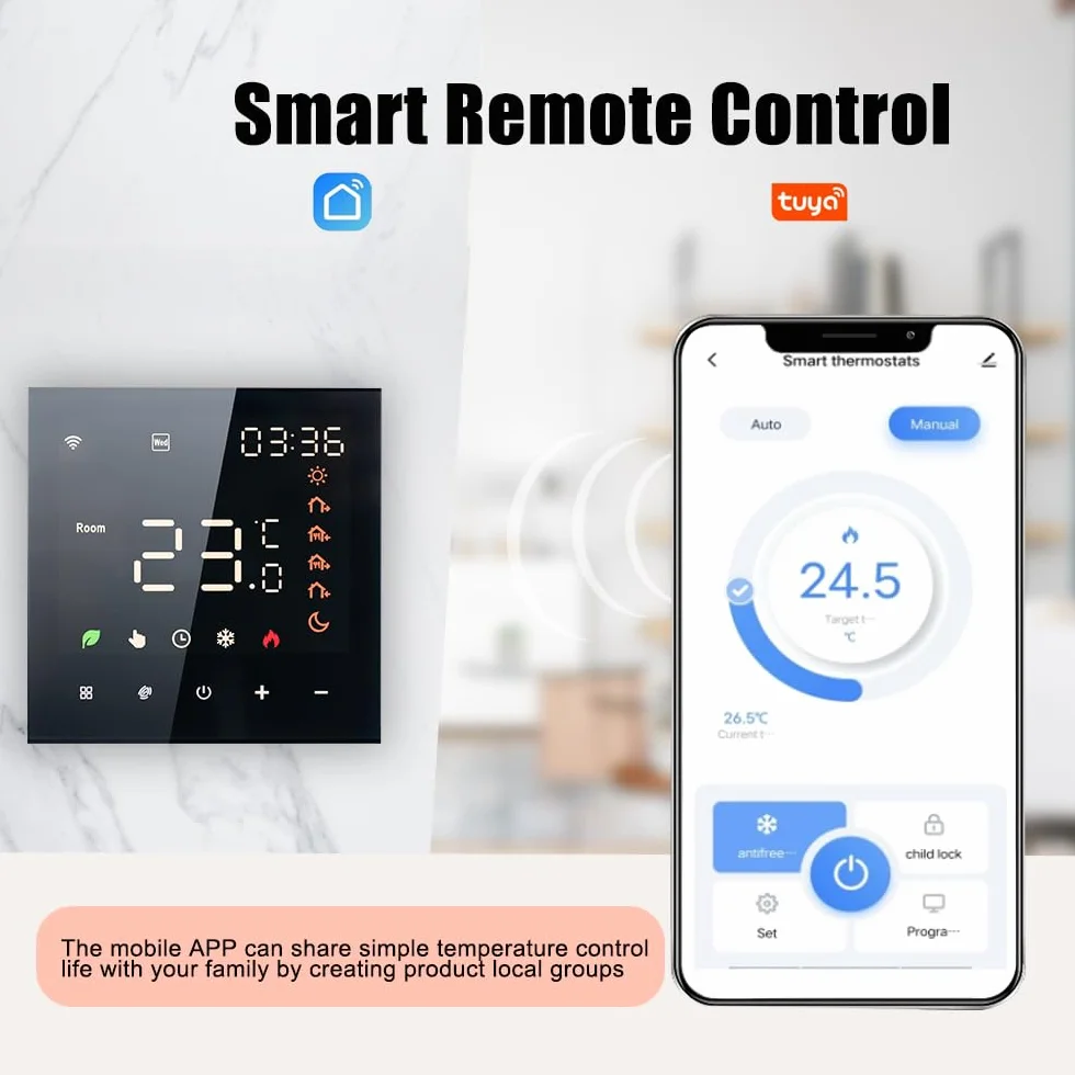 Aoresac Inteligentny termostat, Wi-Fi, programowalny, do ogrzewania podłogowego, wody, kompatybilny z , -Home, 3A, ekran dotykowy LCD, czarny