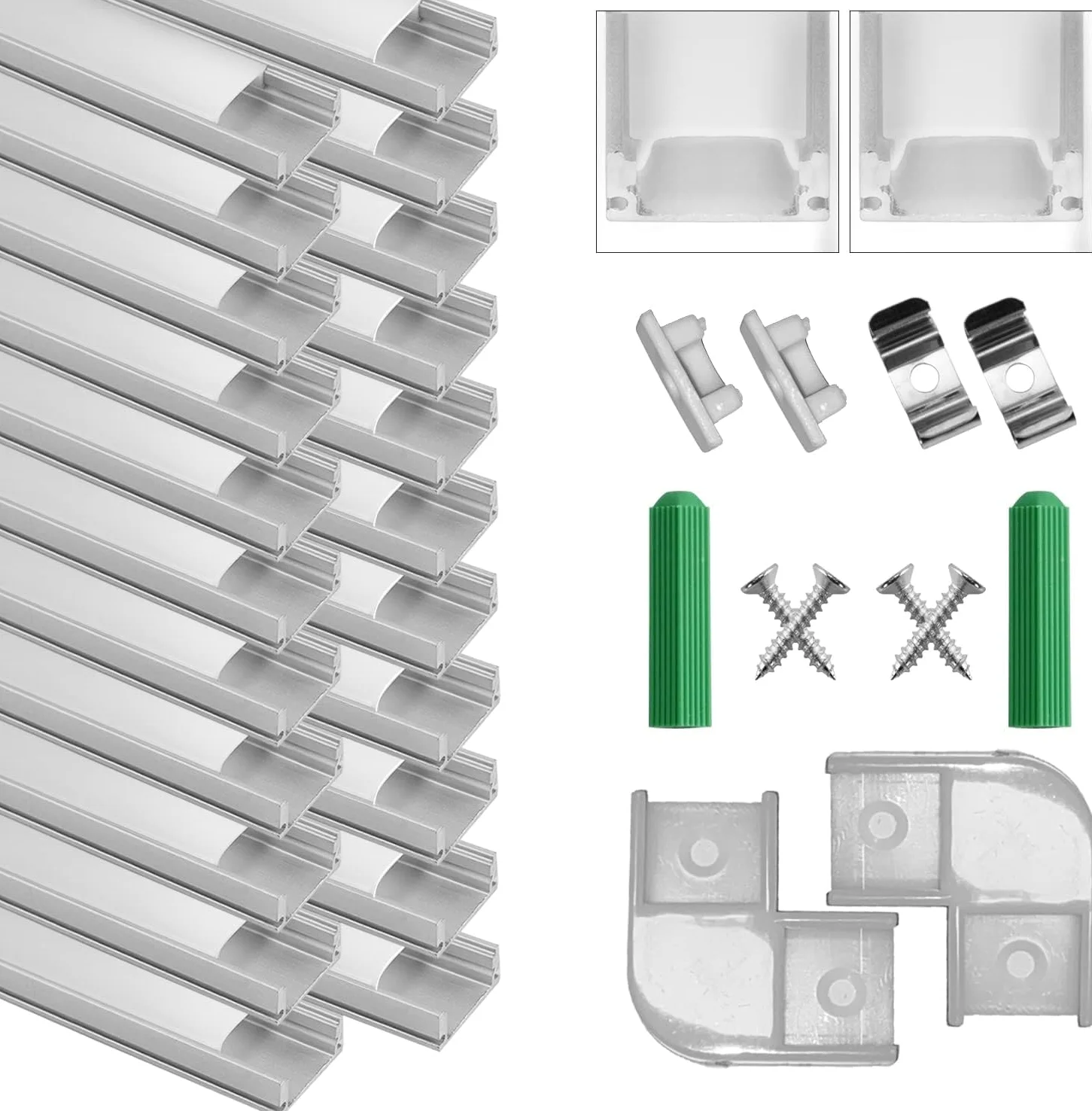 SENXINGYAN Profil aluminiowy, 20 Pack 1M/3.3ft U kształtu, Mleczny biały Dyfuzor Pokrywa, Tuleje końcowe i metalowe klipsy montażowe, Aluminiowy kanał do taśm LED, Srebrny