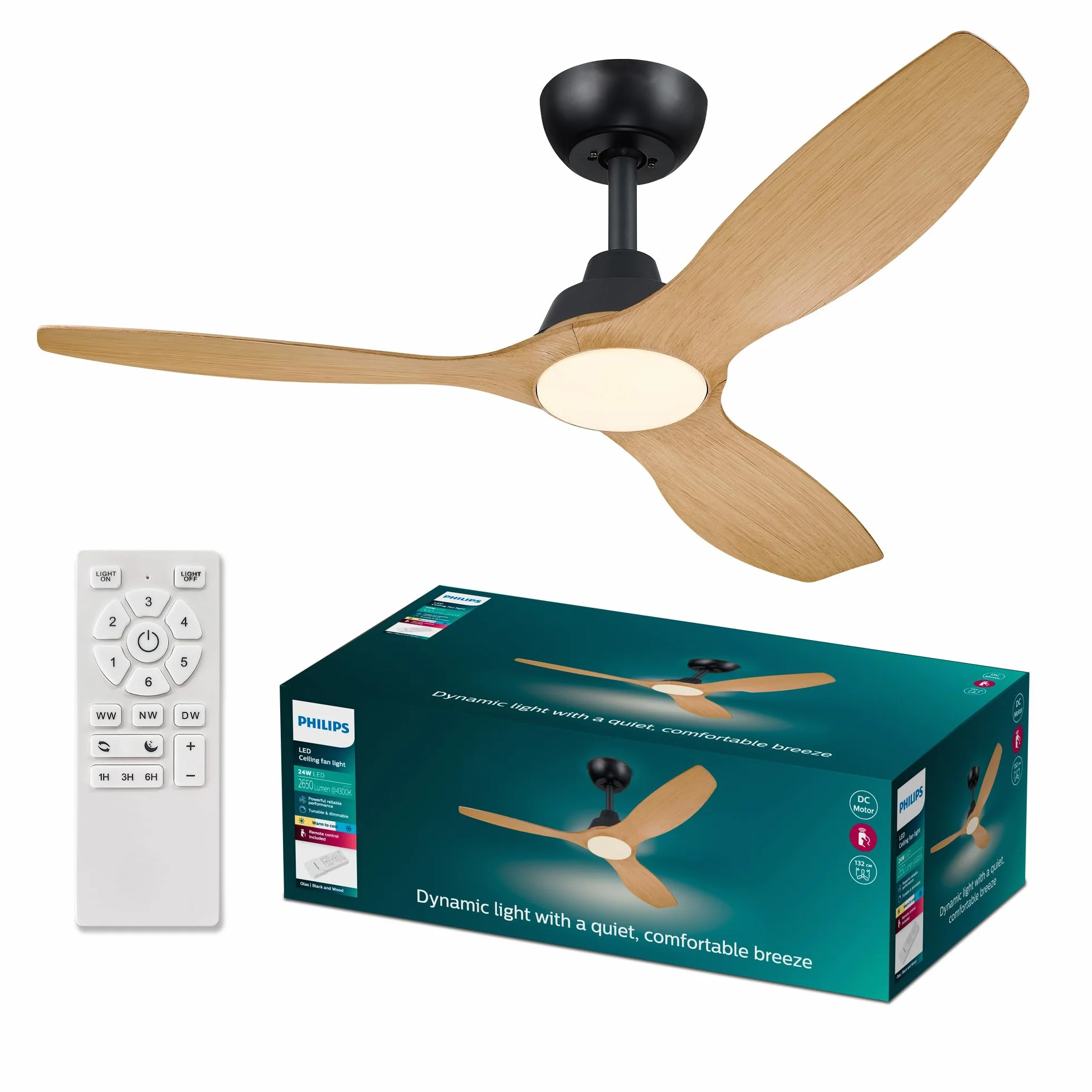 Wentylator sufitowy Philips Olas z 3 łopatkami, światłem LED 24W, silnikiem DC i funkcją regulacji temperatury barwowej (3000K-4300K-6500K) z możliwością przyciemniania, 52", czarny, W zestawie pilot.