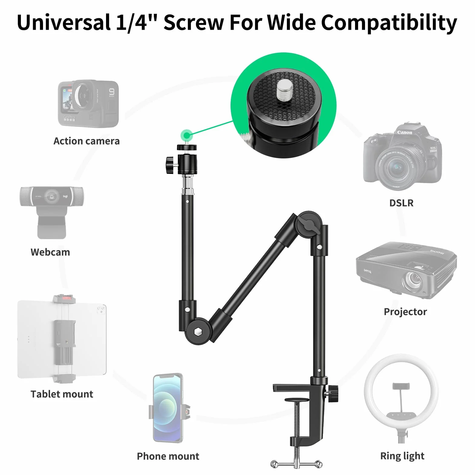 Statyw do Kamery Internetowej z Uchwytem na Telefon i Śrubą 5/8", 25-Calowy Elastyczny Statyw do Projektora z Mikrofonem na Gęsiej Szyi do Logitech C922 C930e C920 C615 C960 Brio 4k Gopro Blue Yeti