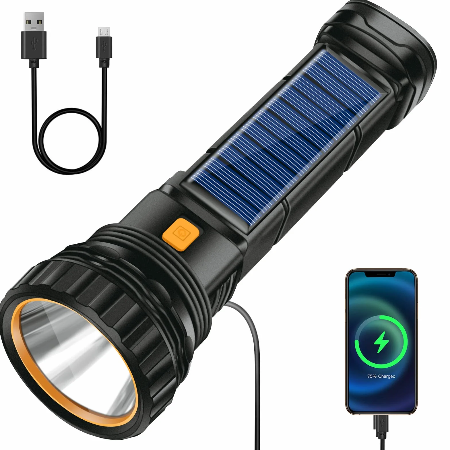 Latarka solarna LED, 1200 Mah, ładowalna, z ładowarką USB, IPX4, wodoodporna, 3 tryby światła, na kemping, wędrówki, w nagłych wypadkach