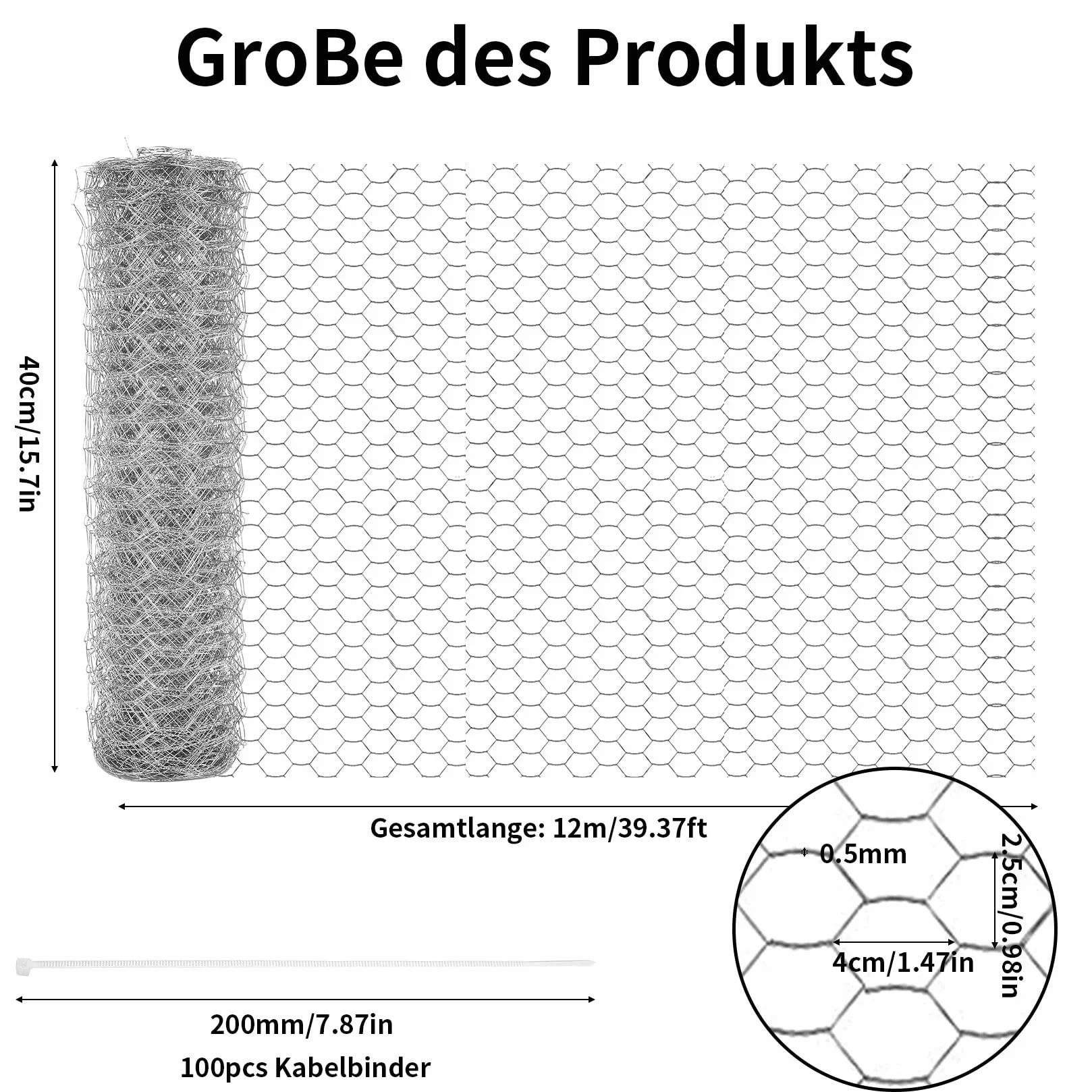 Rolka siatki drucianej 40 cm x 12 m, ocynkowana drobna siatka druciana, siatka ogrodzeniowa dla kurcząt klatki króliki drobiu lotnicze rośliny, z 100 opaskami kablowymi