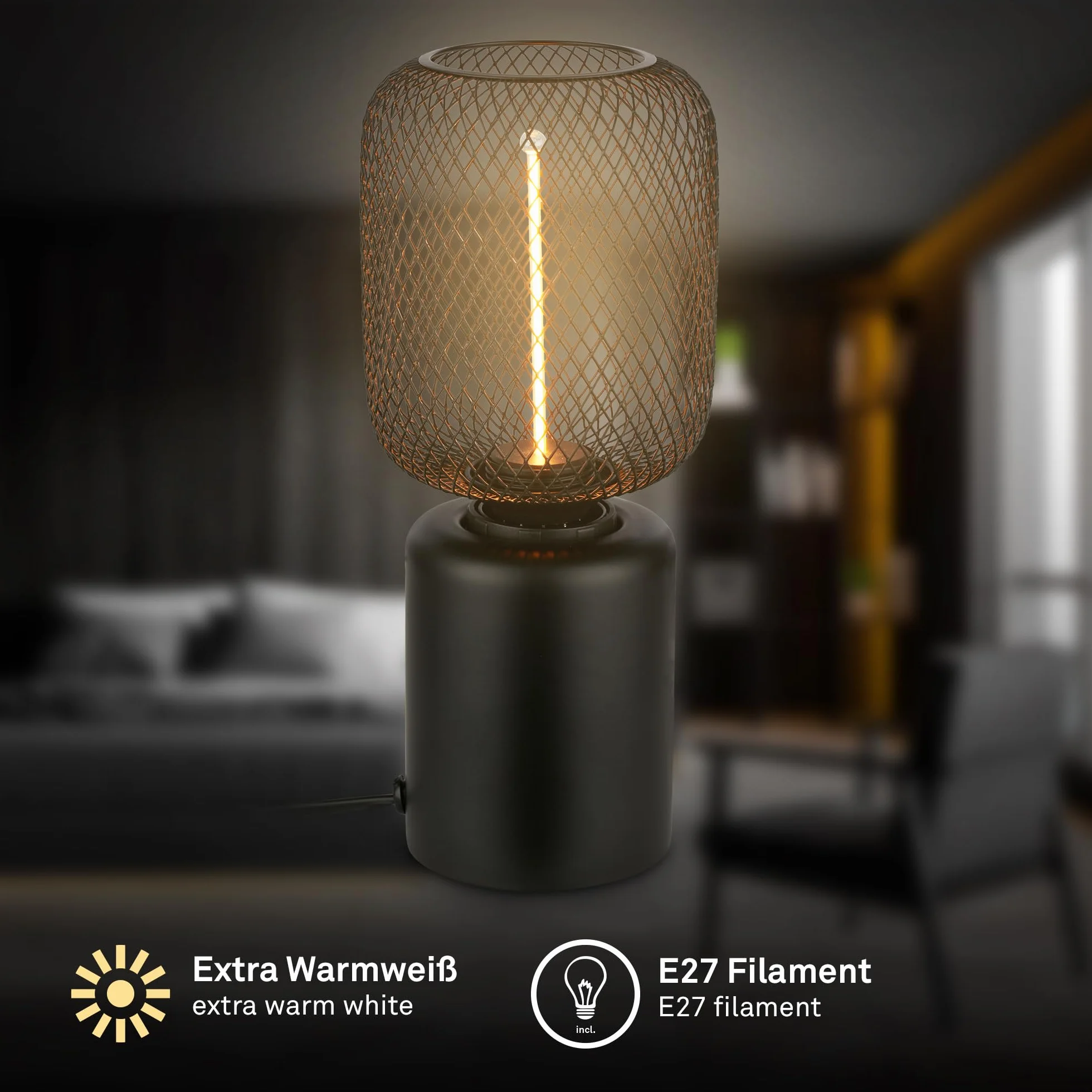 BRILONER - Lampa stołowa z drucianą siatką, przełącznik kablowy, gniazdo E27, lampka nocna, oświetlenie dekoracyjne do przedpokoju lub biura, lampka do czytania, 10x25 cm, czarny