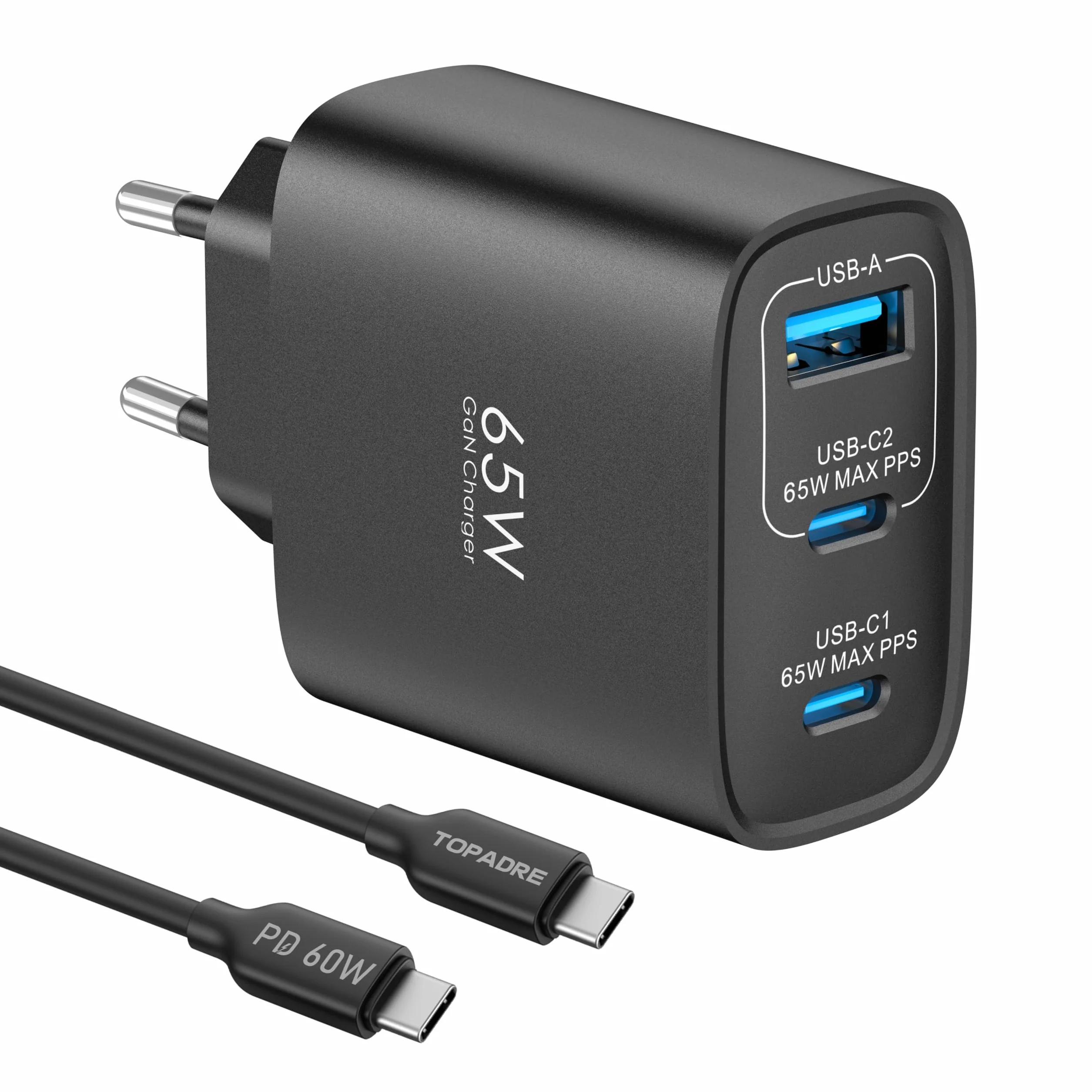 65W Ładowarka USB C 3-portowy zasilacz USB-C Szybka ładowarka PPS Ładowarka PD kompatybilna z MacBookiem Pro/Air, dla iPada Pro/Air, dla iPhone'a 16/16 Pro Max/15,Galaxy S24 Ultra, Pixel, Czarny