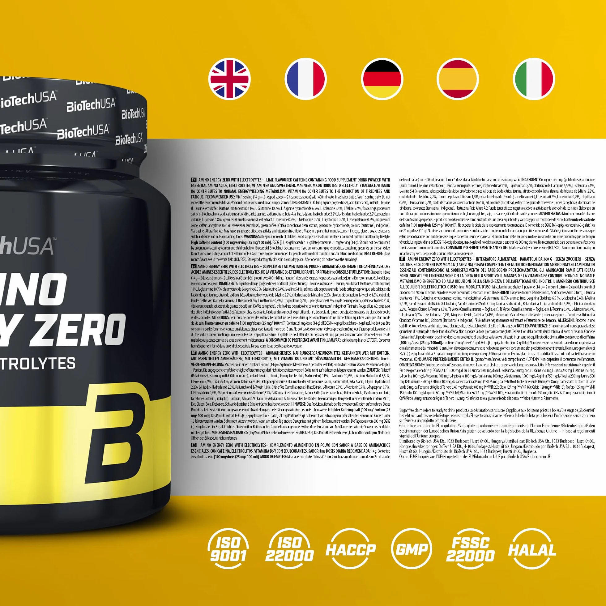 BioTechUSA Amino Energy Zero with Electrolytes | Przedtreningówka | 9 niezbędnych aminokwasów | Kofeina | Bez cukru, bez glutenu, 360 g, Limonkowy