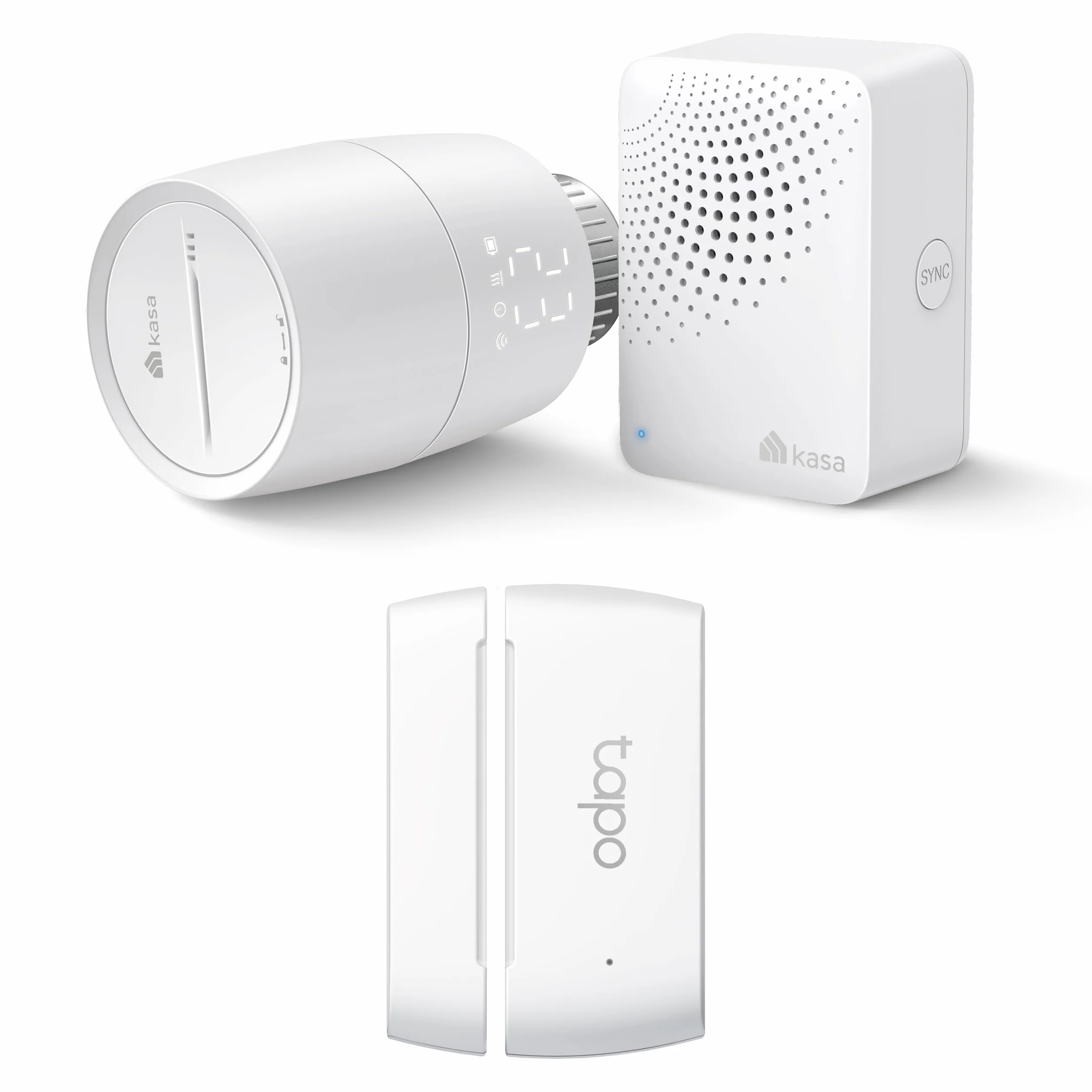 TP-Link Tapo T110 czujnik ruchu do zabezpieczania okien i drzwi, żywotność baterii ponad 1 rok, natychmiastowe powiadomienia z aplikacji & Tp-Link KE100 KIT Termostat, Biały, 5.6 x 5.6 x 8.4 cm